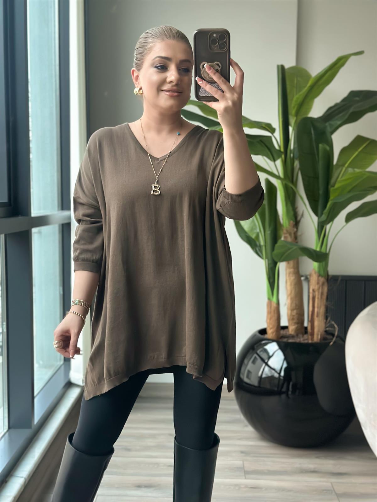 V Yaka Yarım Kol Triko KAHVE