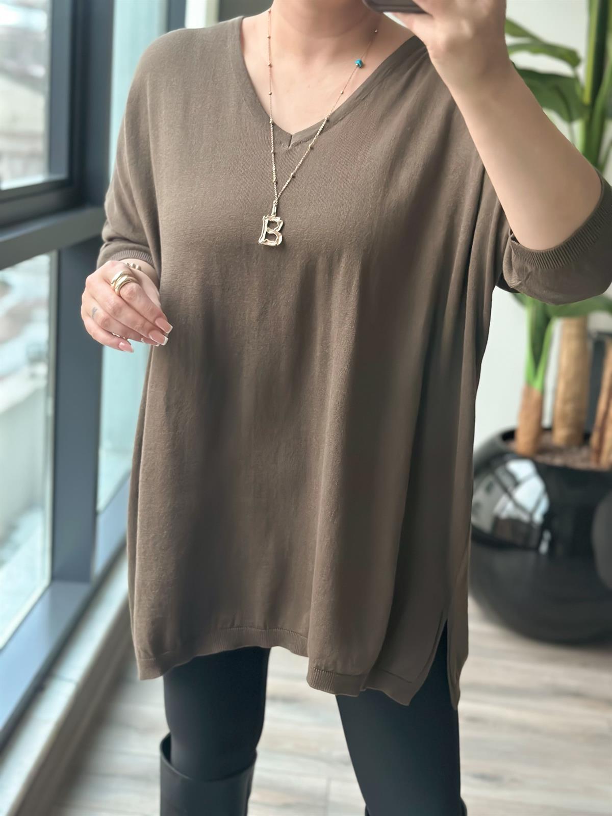 V Yaka Yarım Kol Triko KAHVE