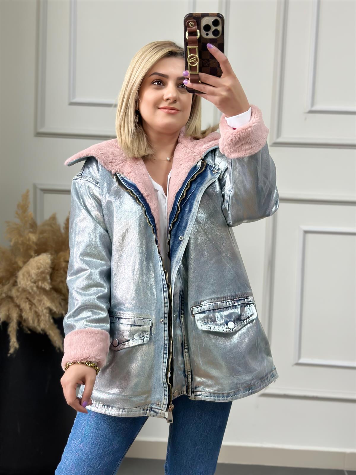 Varaklı İçi Versoft Kürklü Fermuarlı Kot Mont PEMBE