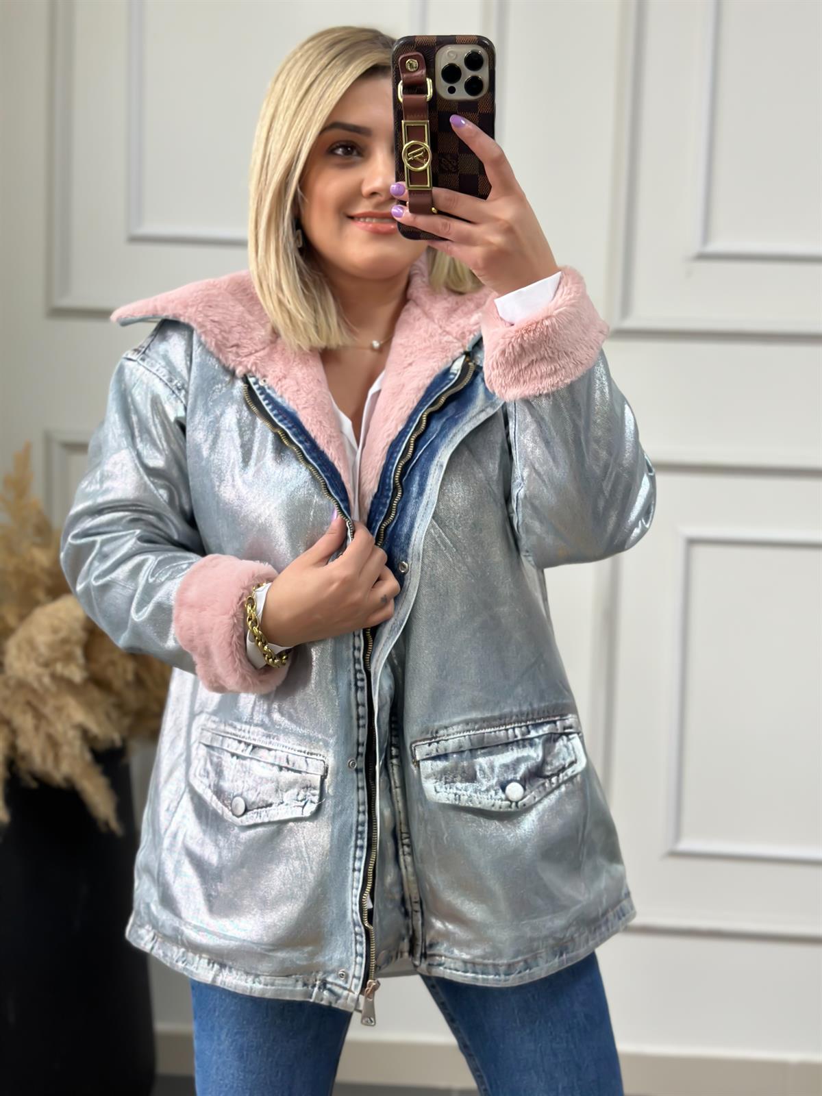 Varaklı İçi Versoft Kürklü Fermuarlı Kot Mont PEMBE