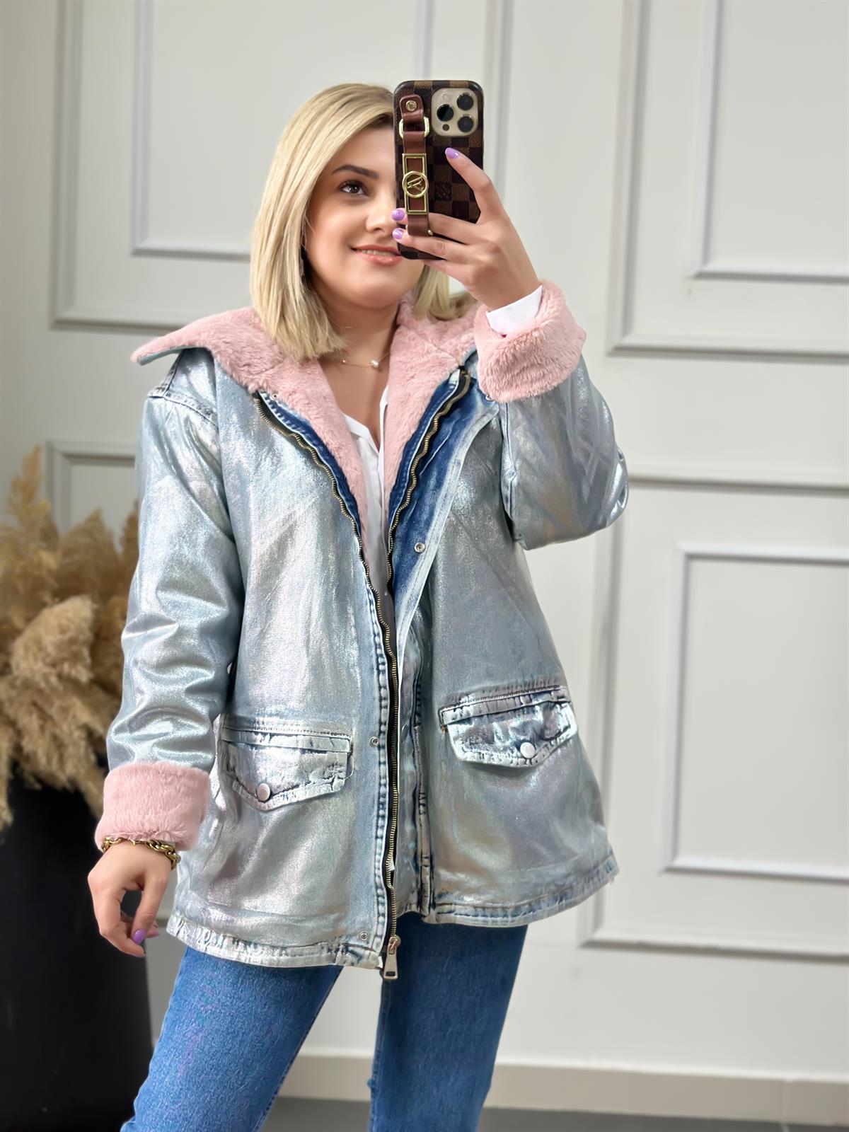 Varaklı İçi Versoft Kürklü Fermuarlı Kot Mont PEMBE