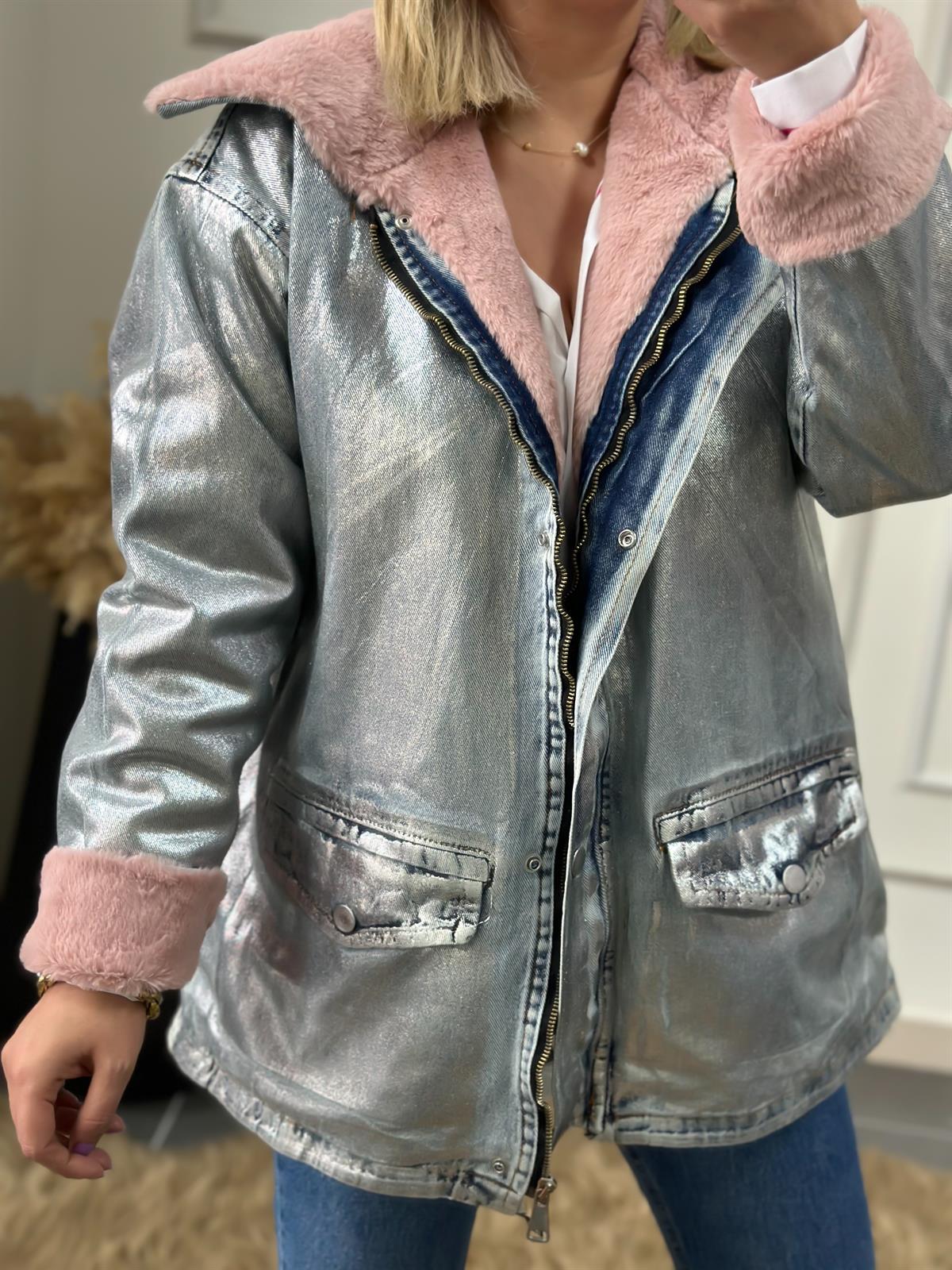 Varaklı İçi Versoft Kürklü Fermuarlı Kot Mont PEMBE