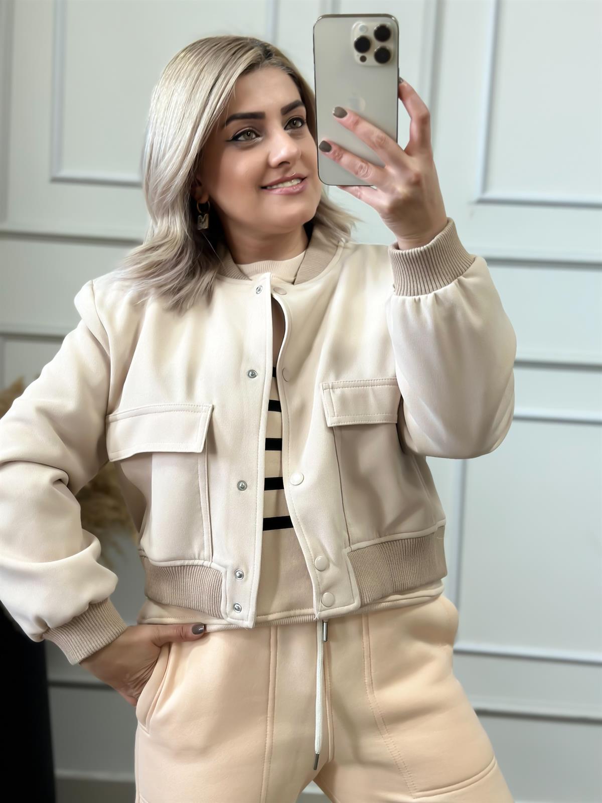 Vatkalı Crep Kumaş Bomber Ceket EKRU