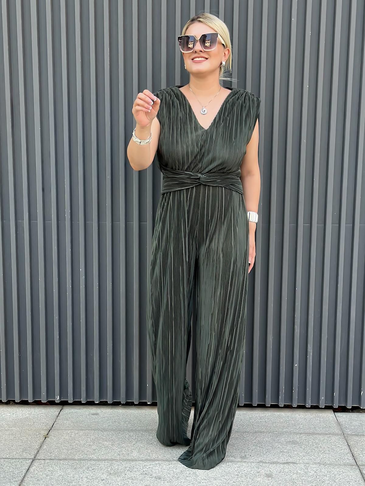 Vatkalı Düğüm Detaylı  Beli Lastikli Akordiyon Tulum HAKİ