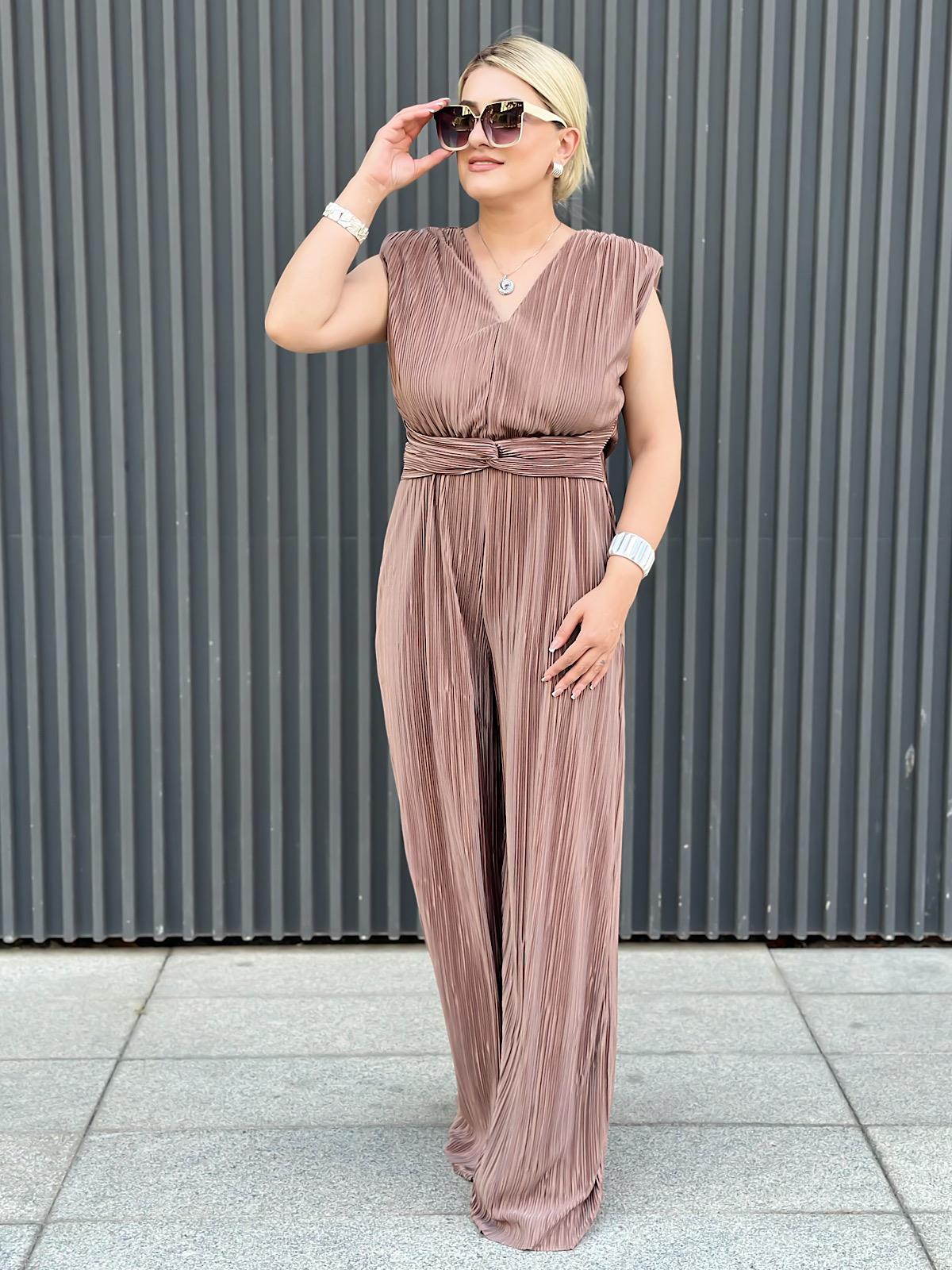 Vatkalı Düğüm Detaylı  Beli Lastikli Akordiyon Tulum CAMEL