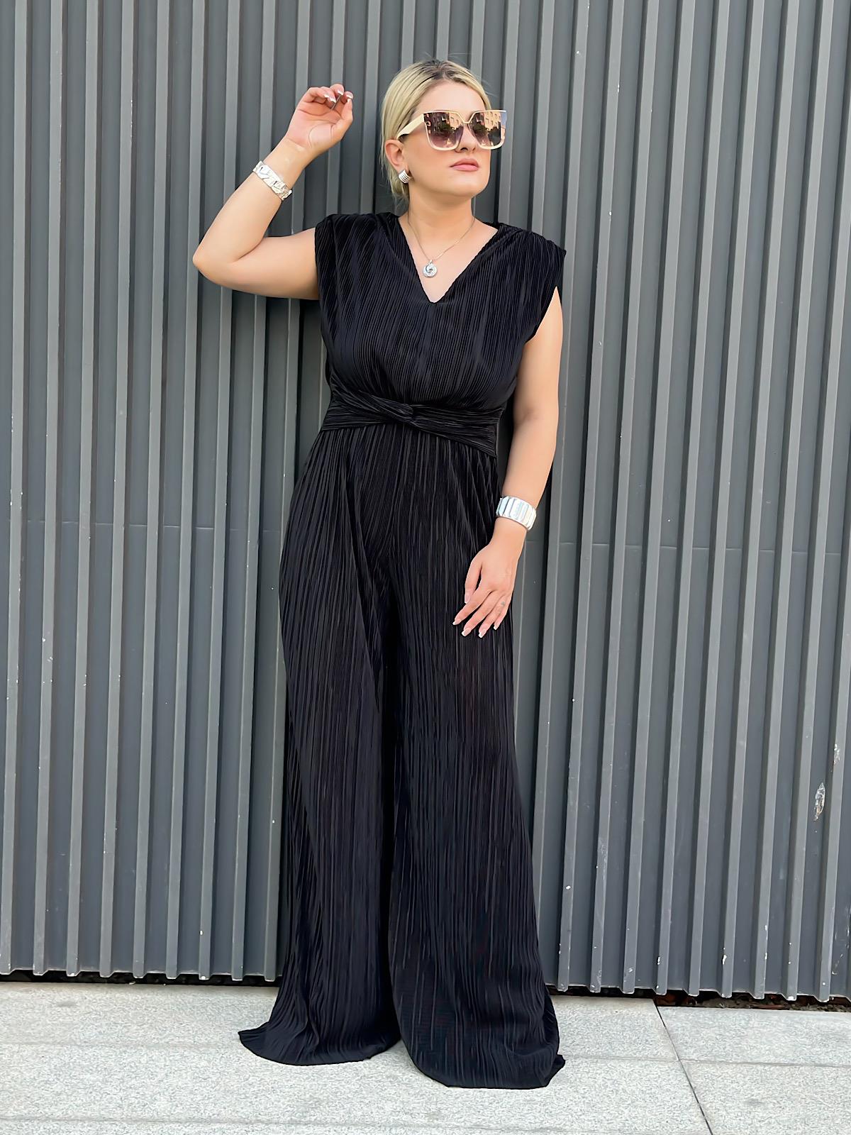 Vatkalı Düğüm Detaylı  Beli Lastikli Akordiyon Tulum SİYAH