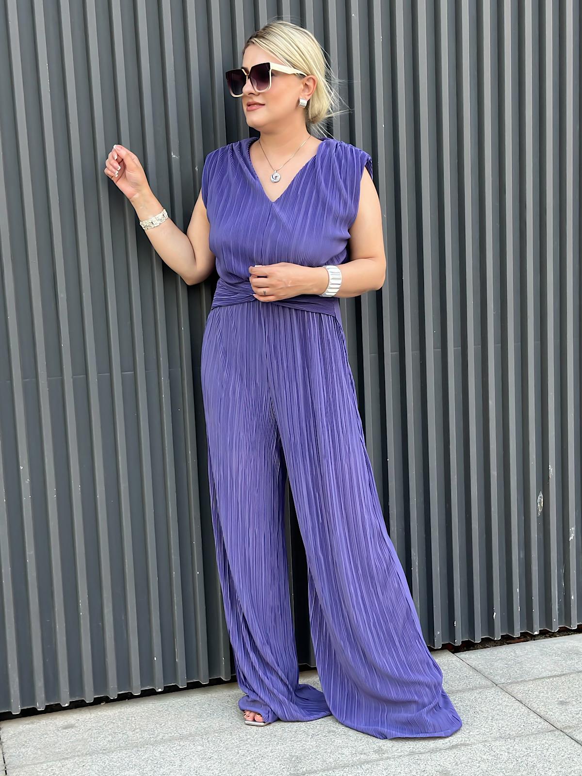 Vatkalı Düğüm Detaylı  Beli Lastikli Akordiyon Tulum MOR