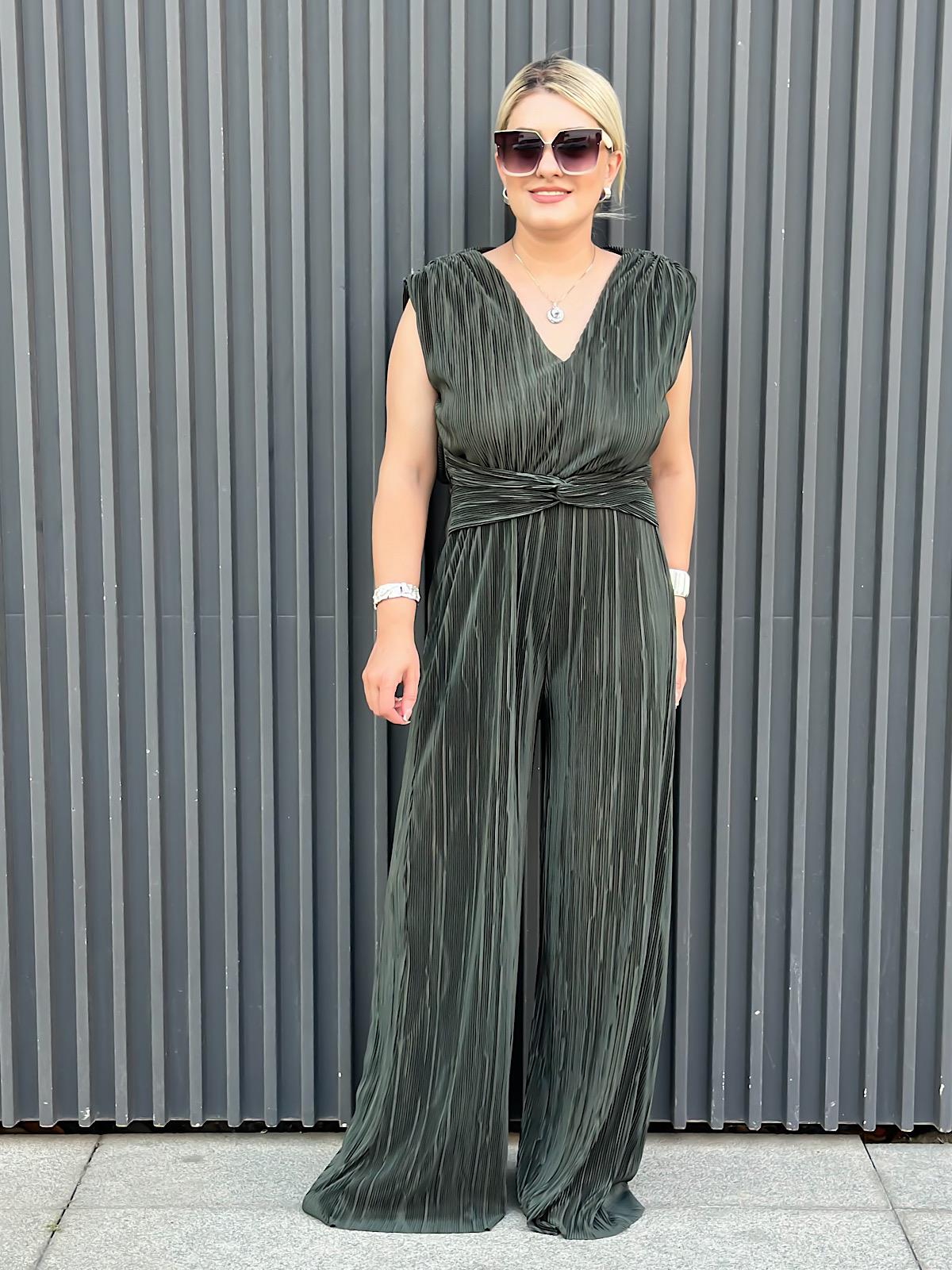 Vatkalı Düğüm Detaylı  Beli Lastikli Akordiyon Tulum HAKİ