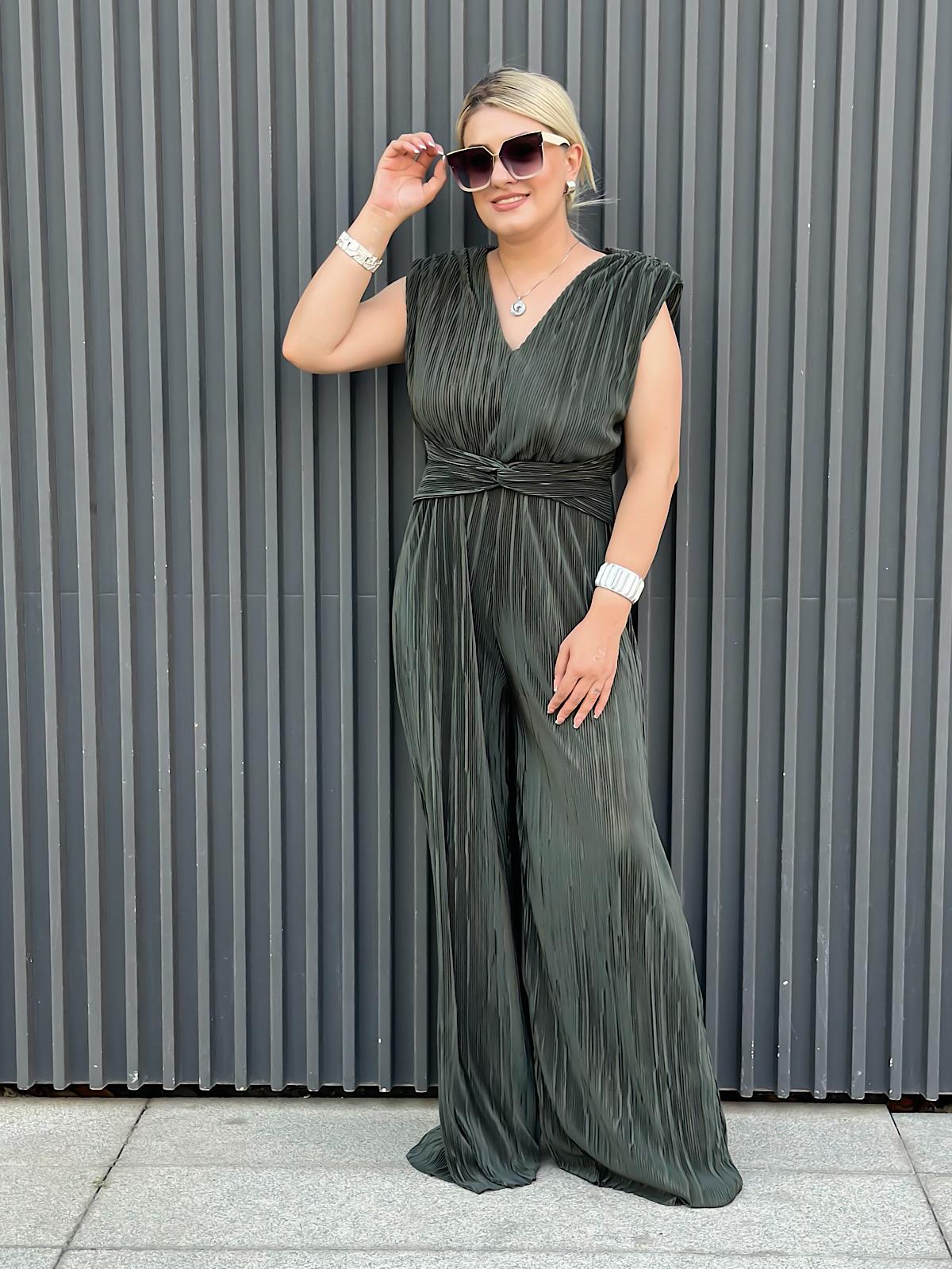 Vatkalı Düğüm Detaylı  Beli Lastikli Akordiyon Tulum HAKİ