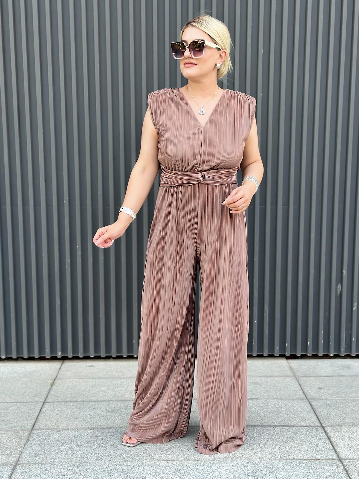 Vatkalı Düğüm Detaylı  Beli Lastikli Akordiyon Tulum CAMEL