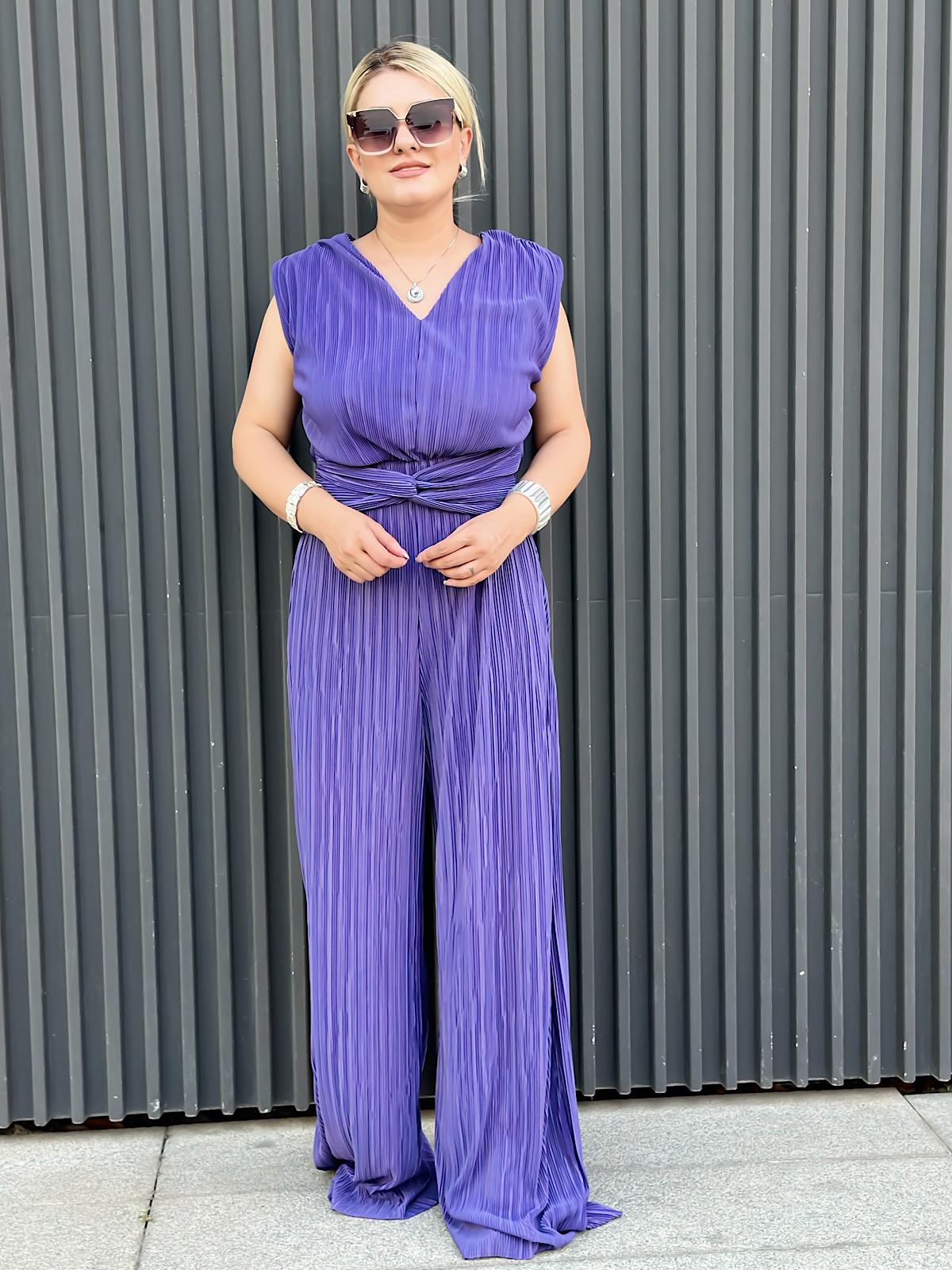 Vatkalı Düğüm Detaylı  Beli Lastikli Akordiyon Tulum MOR