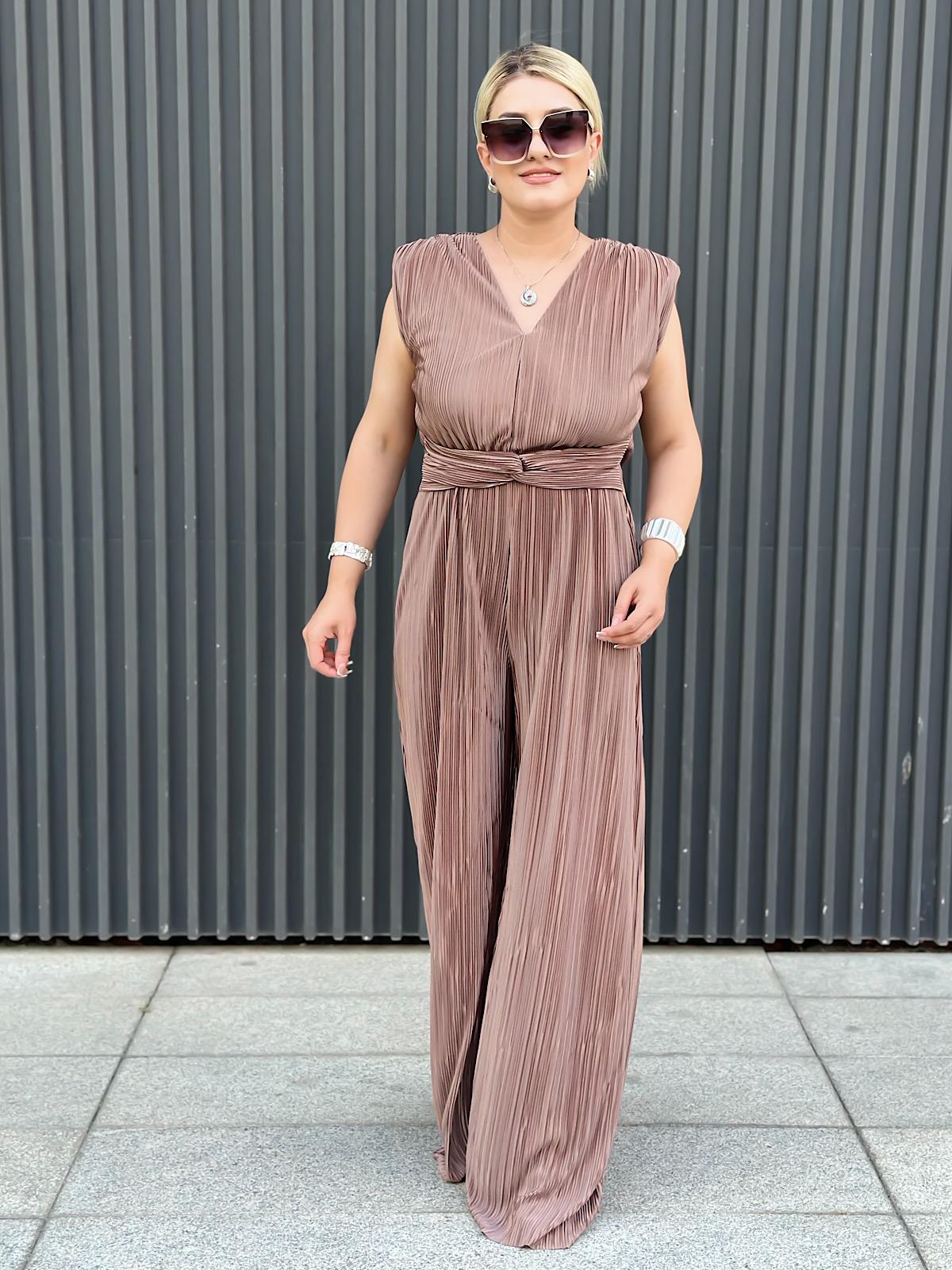 Vatkalı Düğüm Detaylı  Beli Lastikli Akordiyon Tulum CAMEL