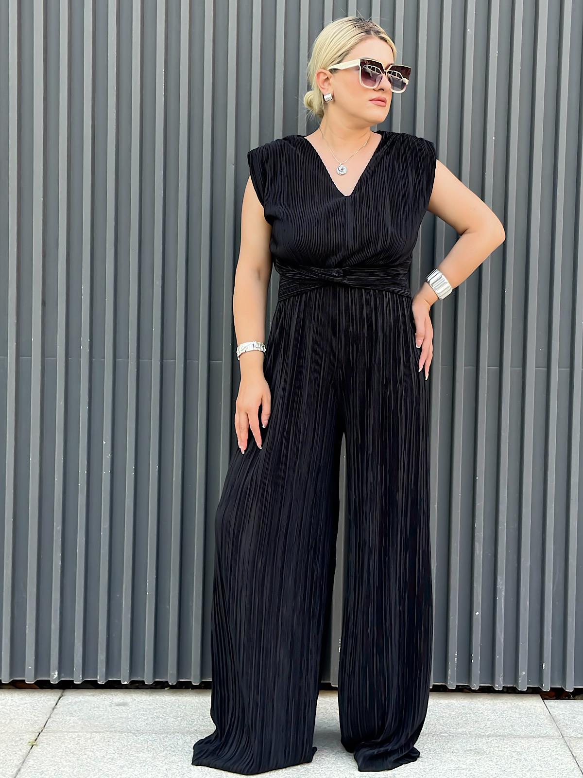 Vatkalı Düğüm Detaylı  Beli Lastikli Akordiyon Tulum SİYAH