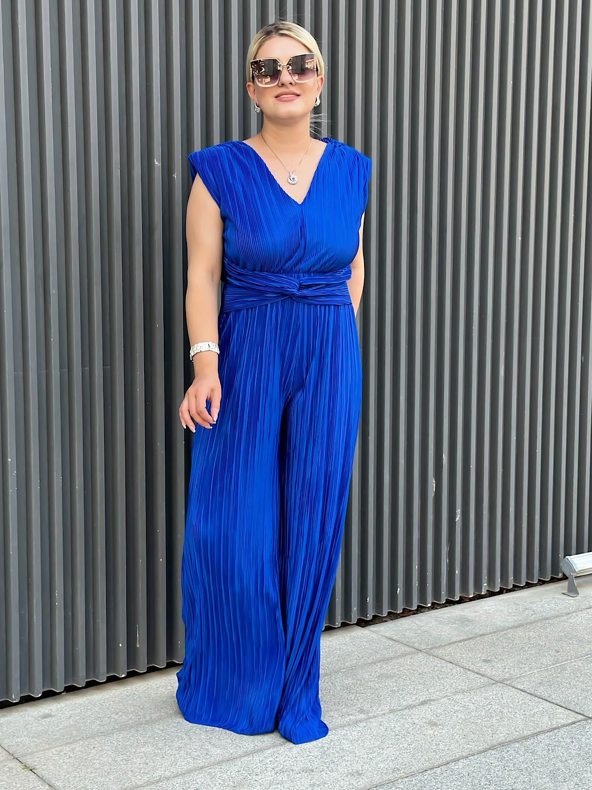 Vatkalı Düğüm Detaylı  Beli Lastikli Akordiyon Tulum SAKS