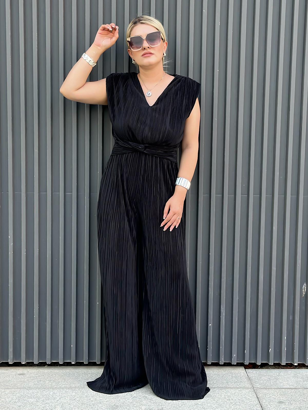 Vatkalı Düğüm Detaylı  Beli Lastikli Akordiyon Tulum SİYAH