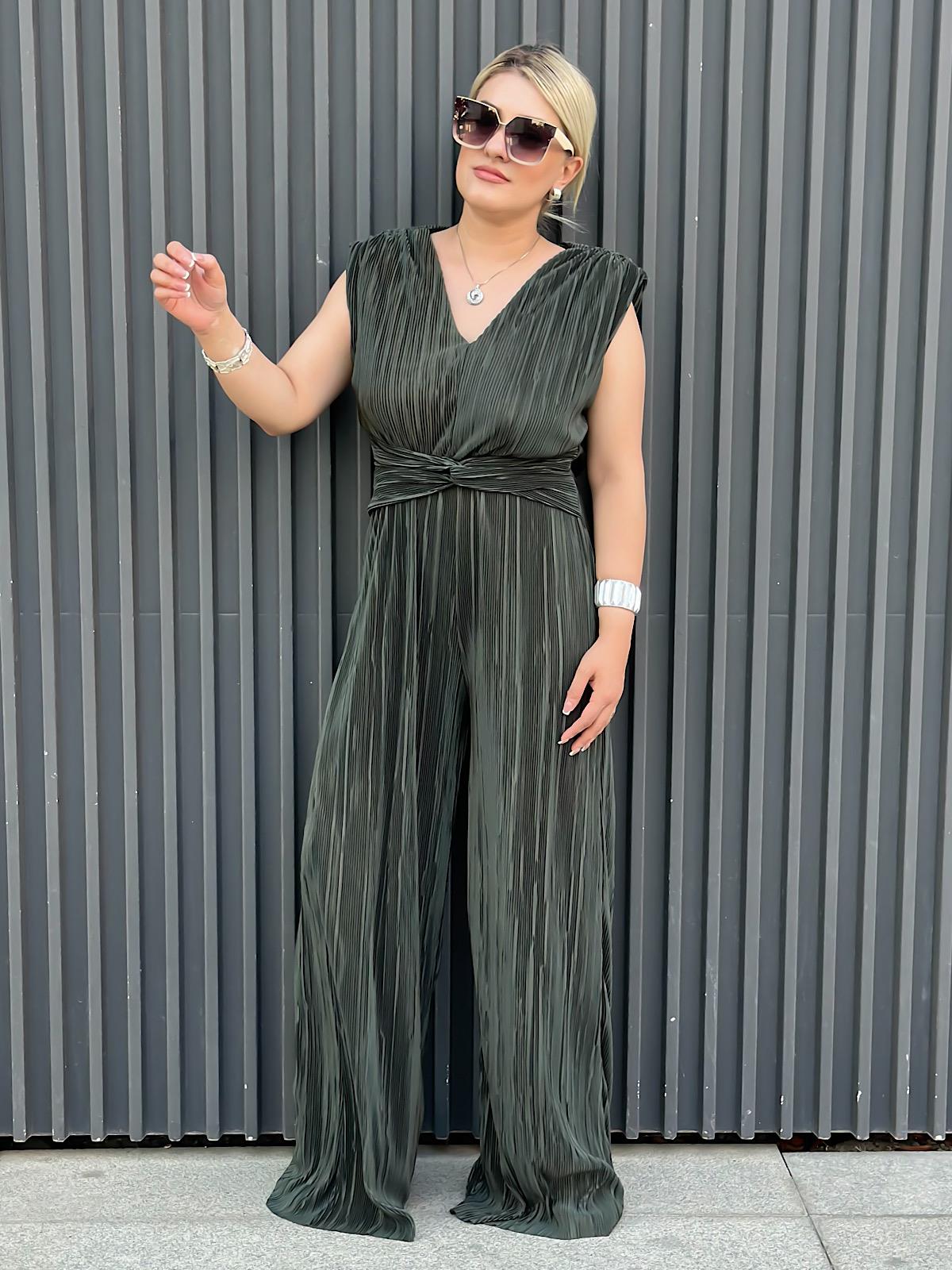 Vatkalı Düğüm Detaylı  Beli Lastikli Akordiyon Tulum HAKİ