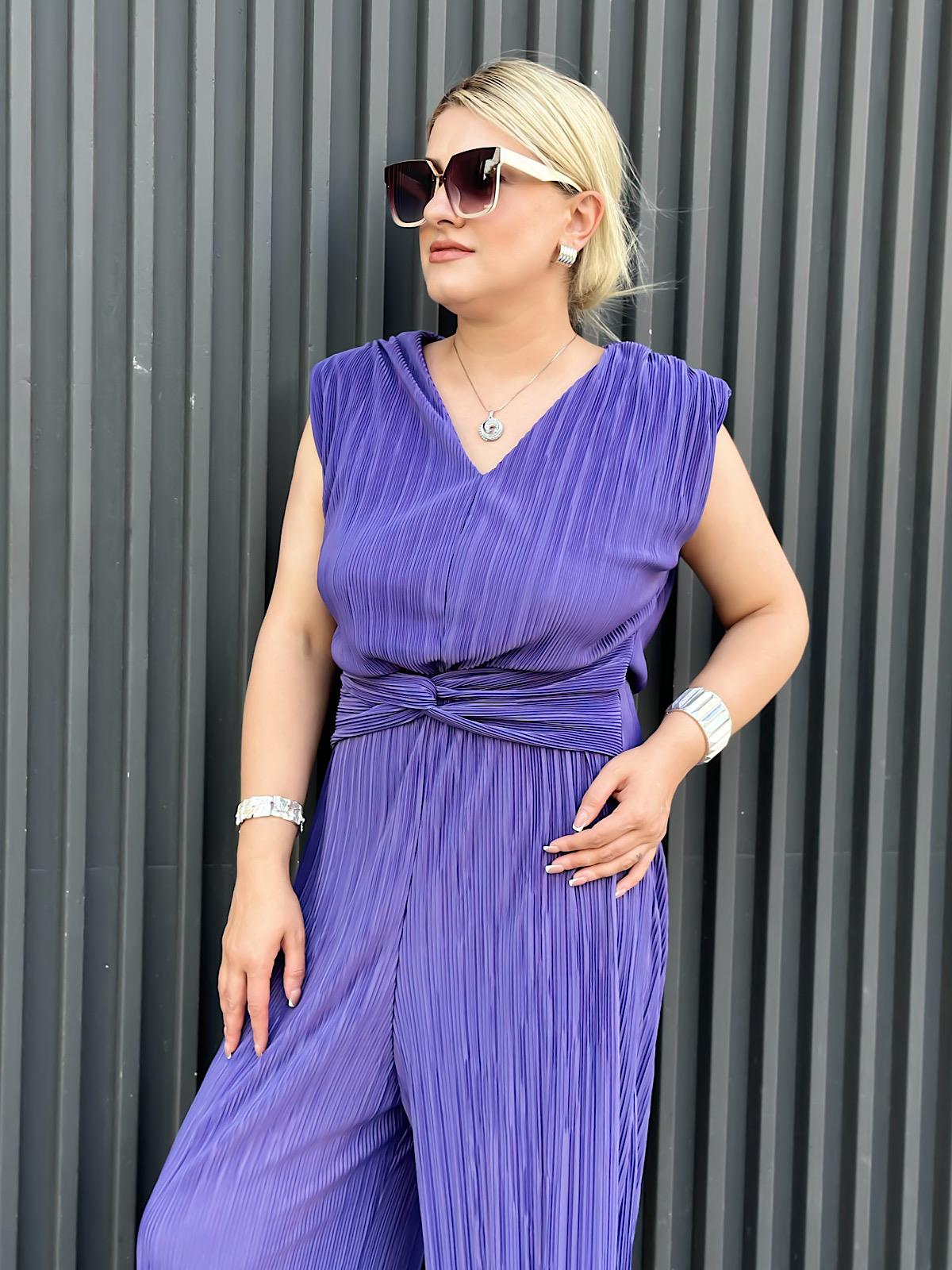 Vatkalı Düğüm Detaylı  Beli Lastikli Akordiyon Tulum MOR