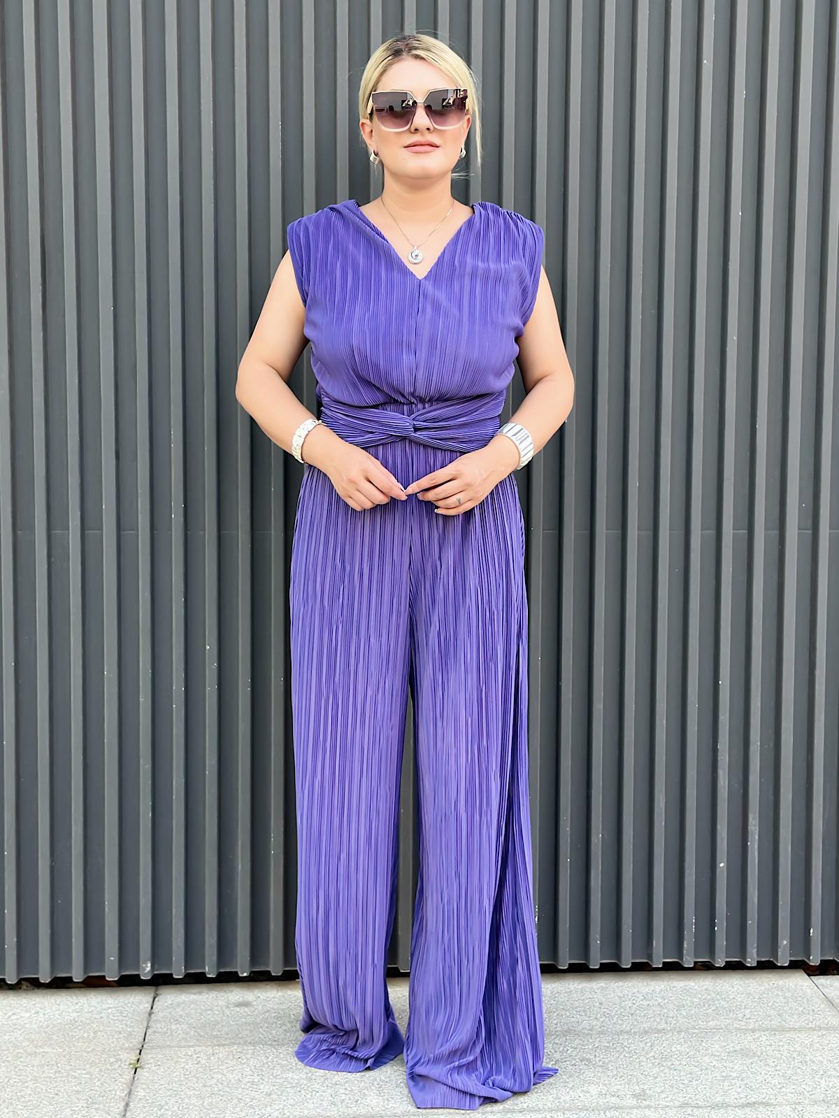 Vatkalı Düğüm Detaylı  Beli Lastikli Akordiyon Tulum MOR