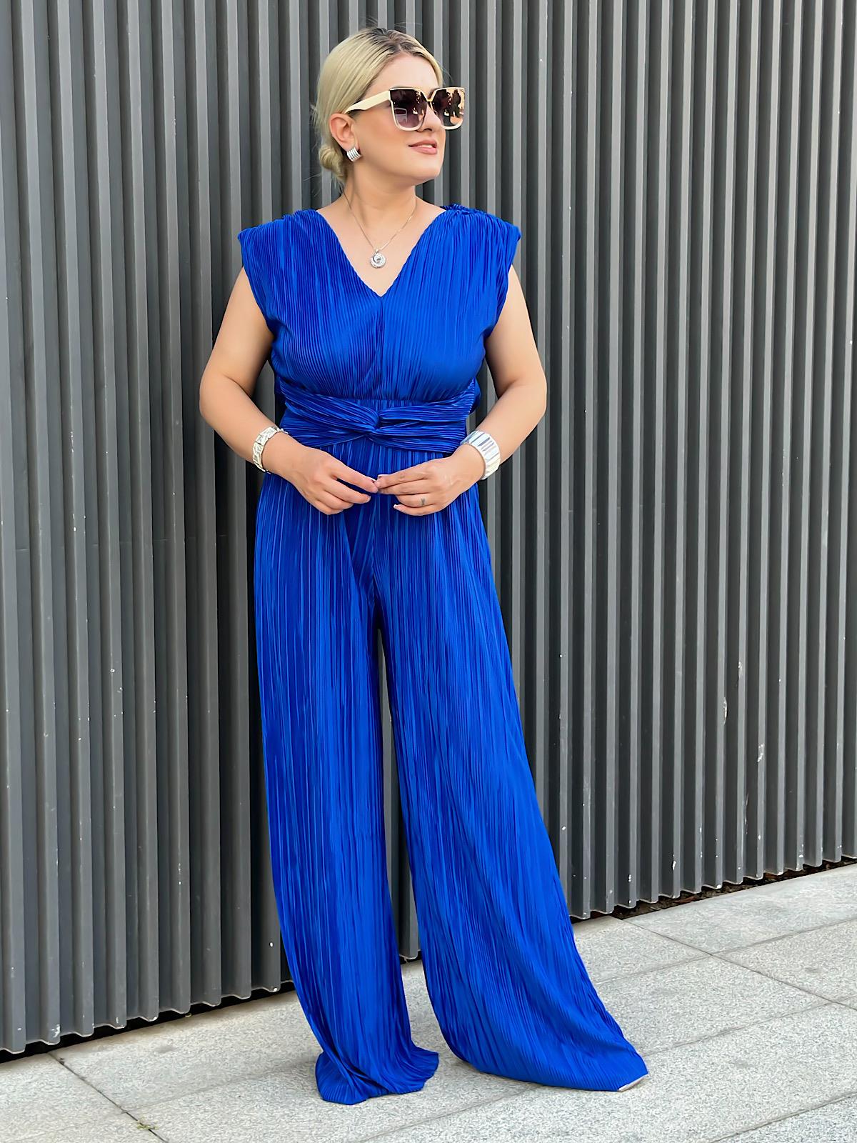 Vatkalı Düğüm Detaylı  Beli Lastikli Akordiyon Tulum SAKS