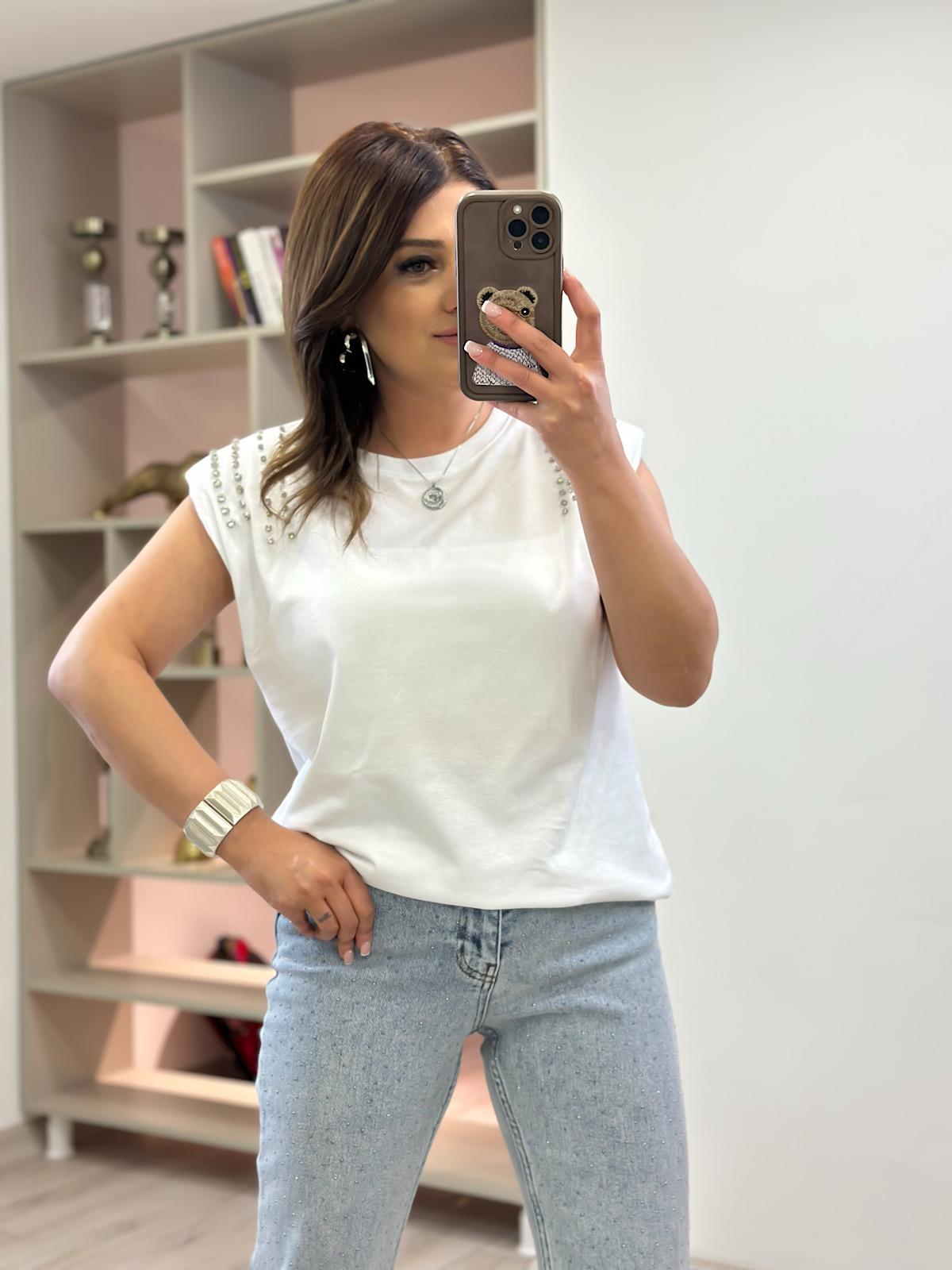 Vatkalı Omuzları Taş Detaylı Tshirt BEYAZ