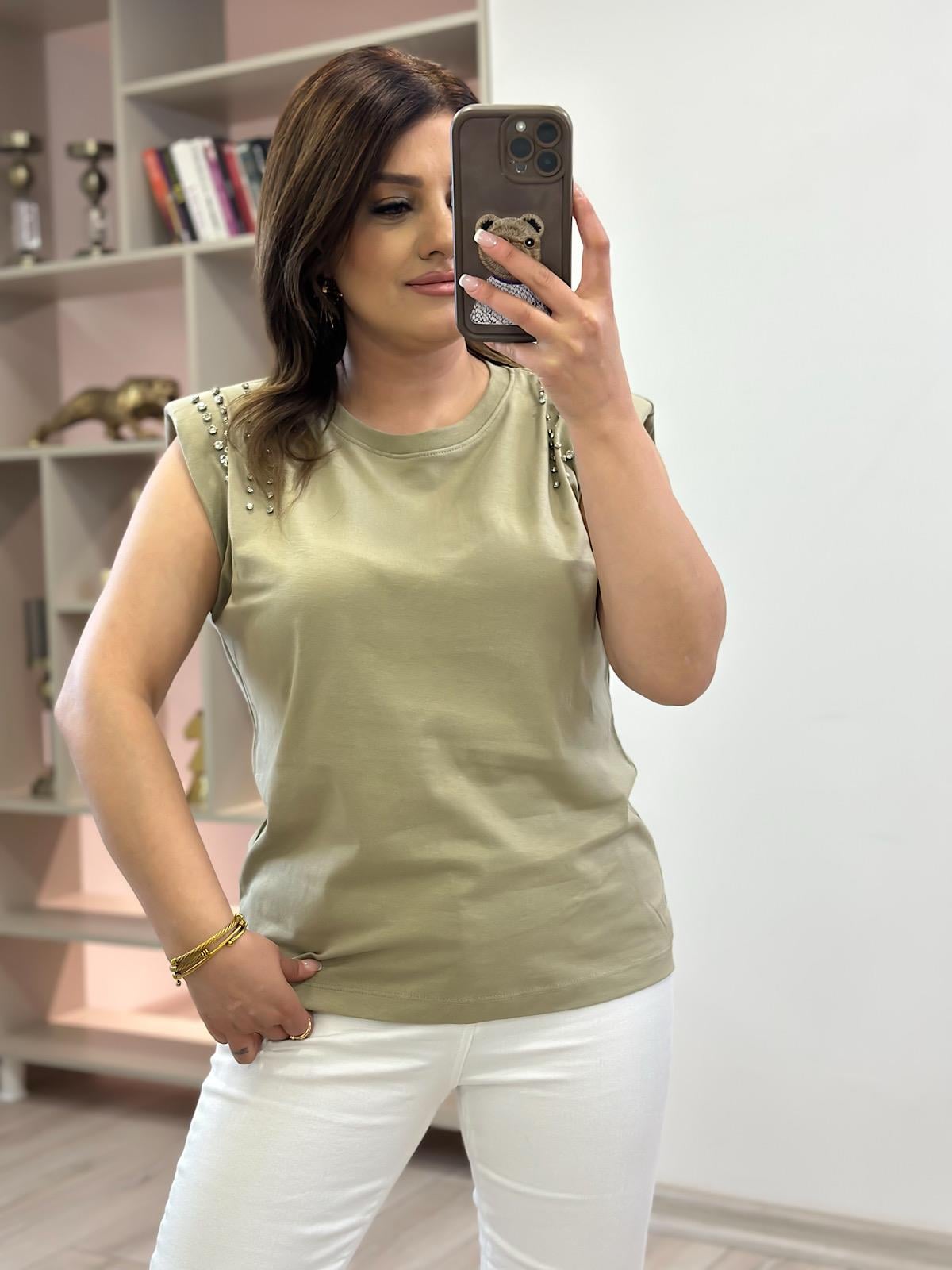 Vatkalı Omuzları Taş Detaylı Tshirt HAKİ