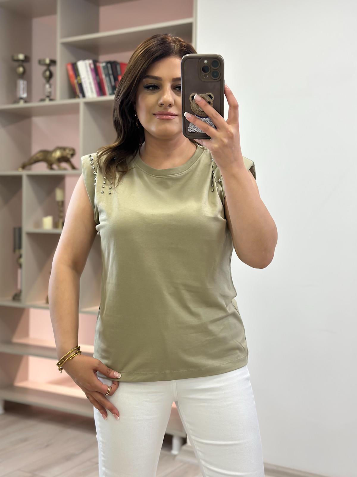 Vatkalı Omuzları Taş Detaylı Tshirt HAKİ