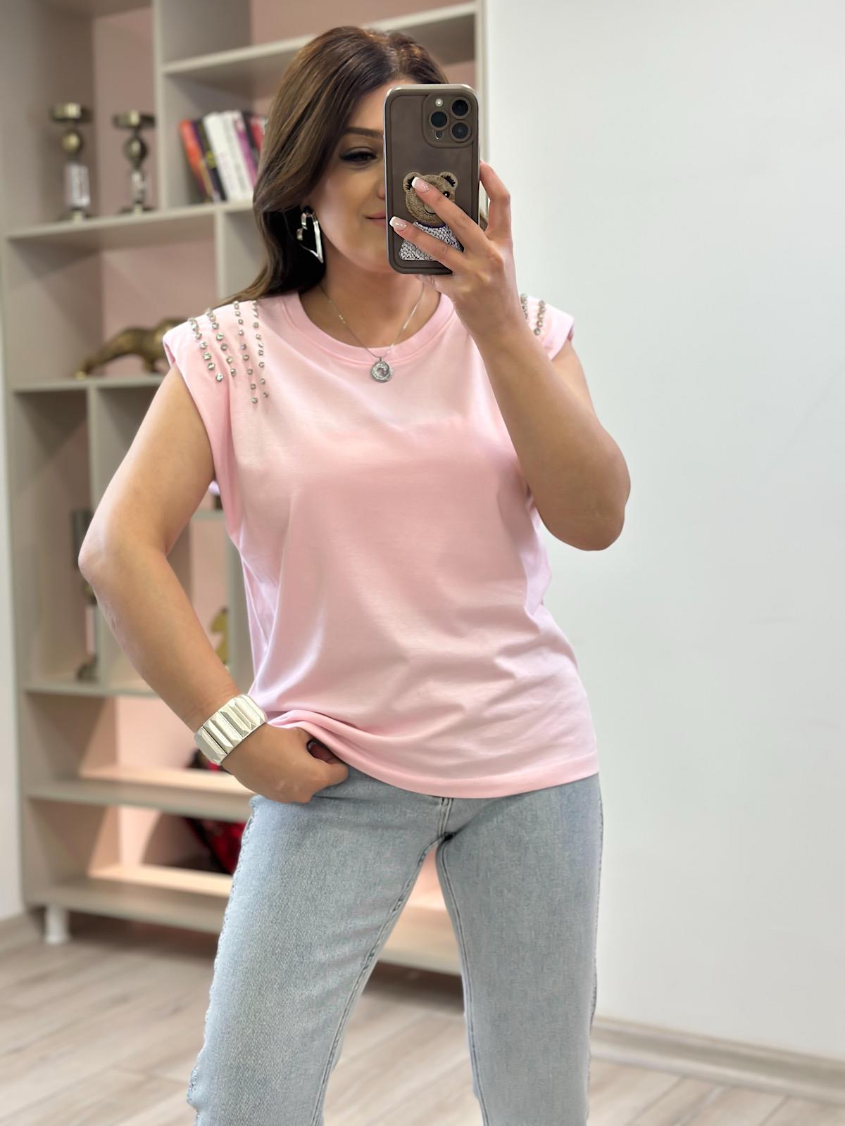 Vatkalı Omuzları Taş Detaylı Tshirt PUDRA