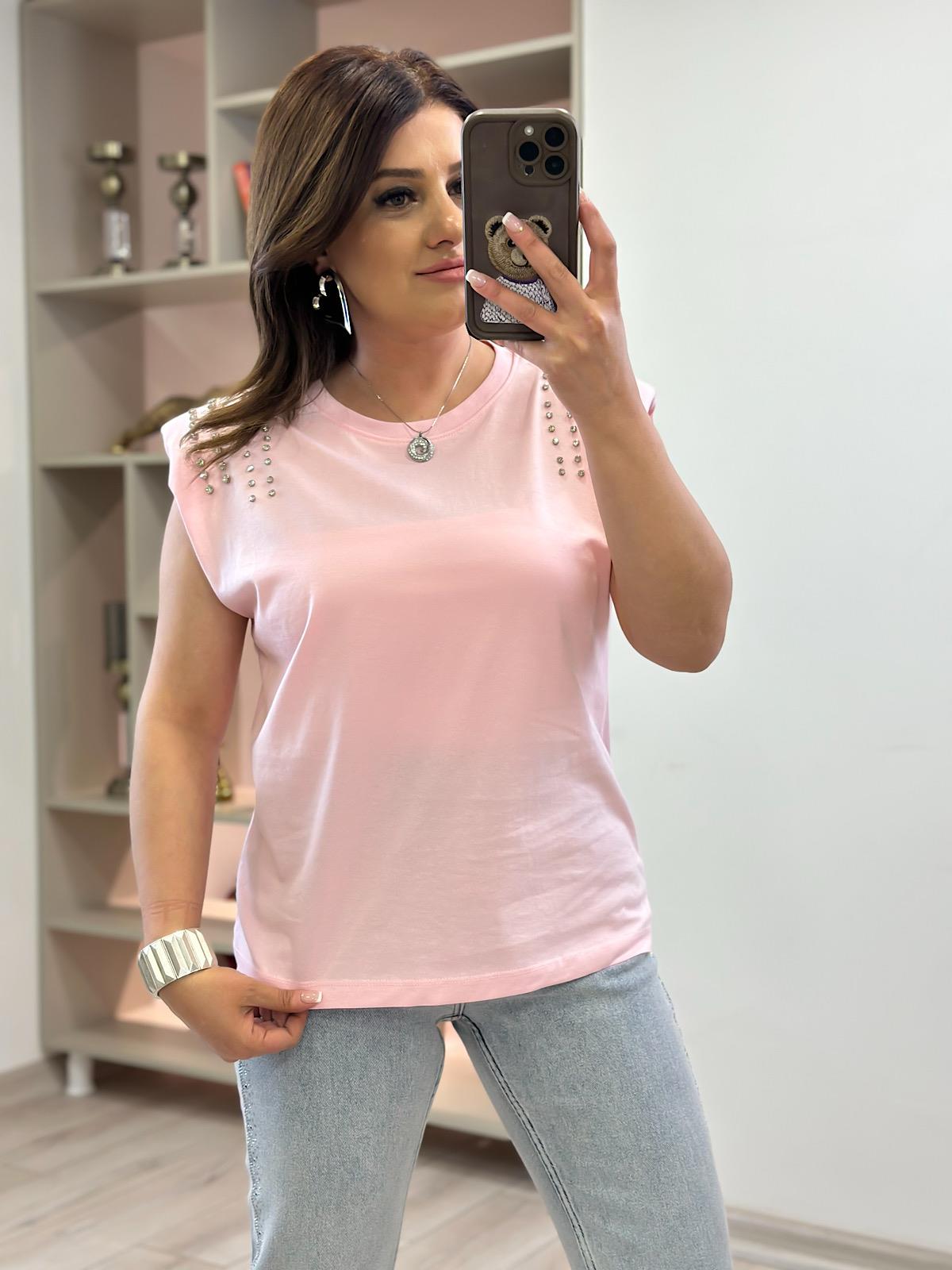 Vatkalı Omuzları Taş Detaylı Tshirt PUDRA