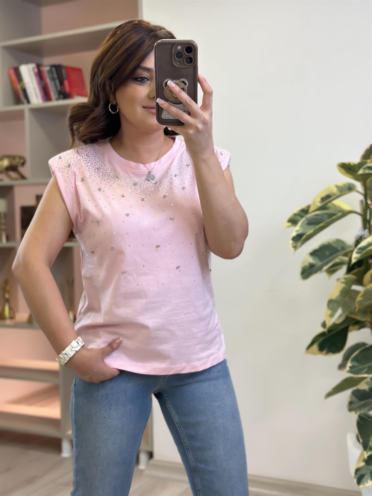 Vatkalı Serpme Taş Detaylı Tshirt PEMBE
