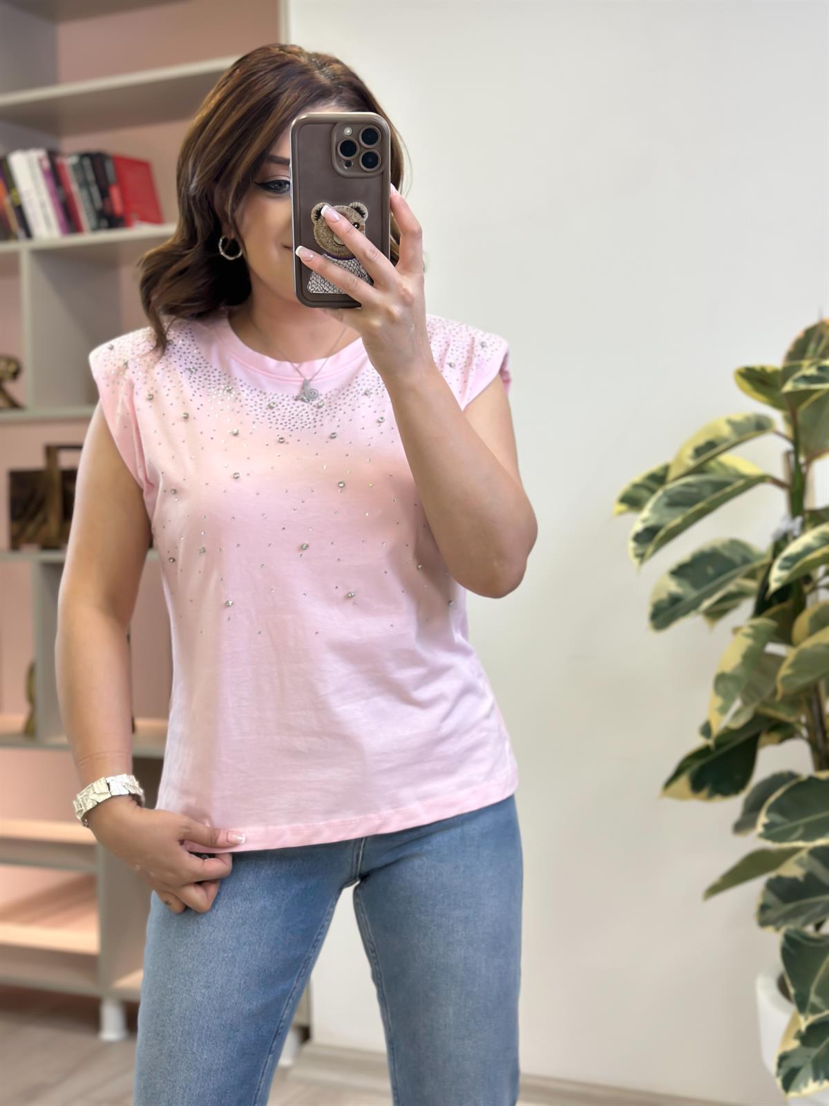 Vatkalı Serpme Taş Detaylı Tshirt PEMBE