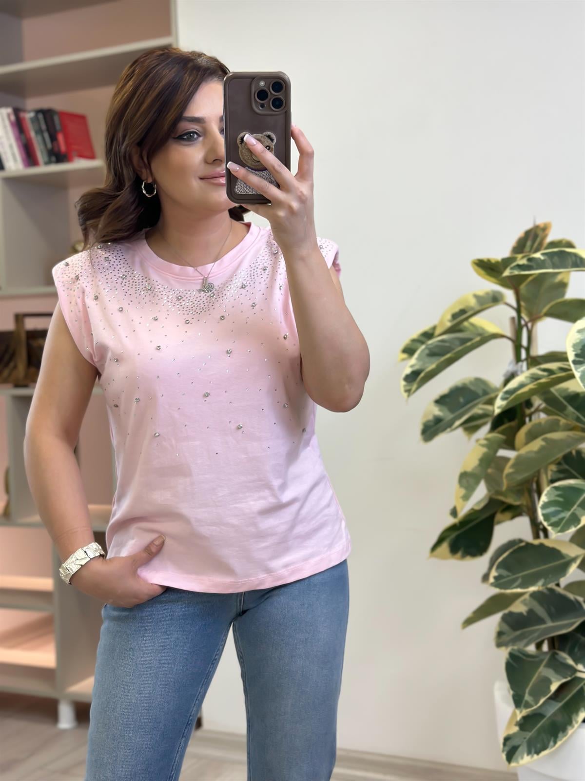 Vatkalı Serpme Taş Detaylı Tshirt PEMBE