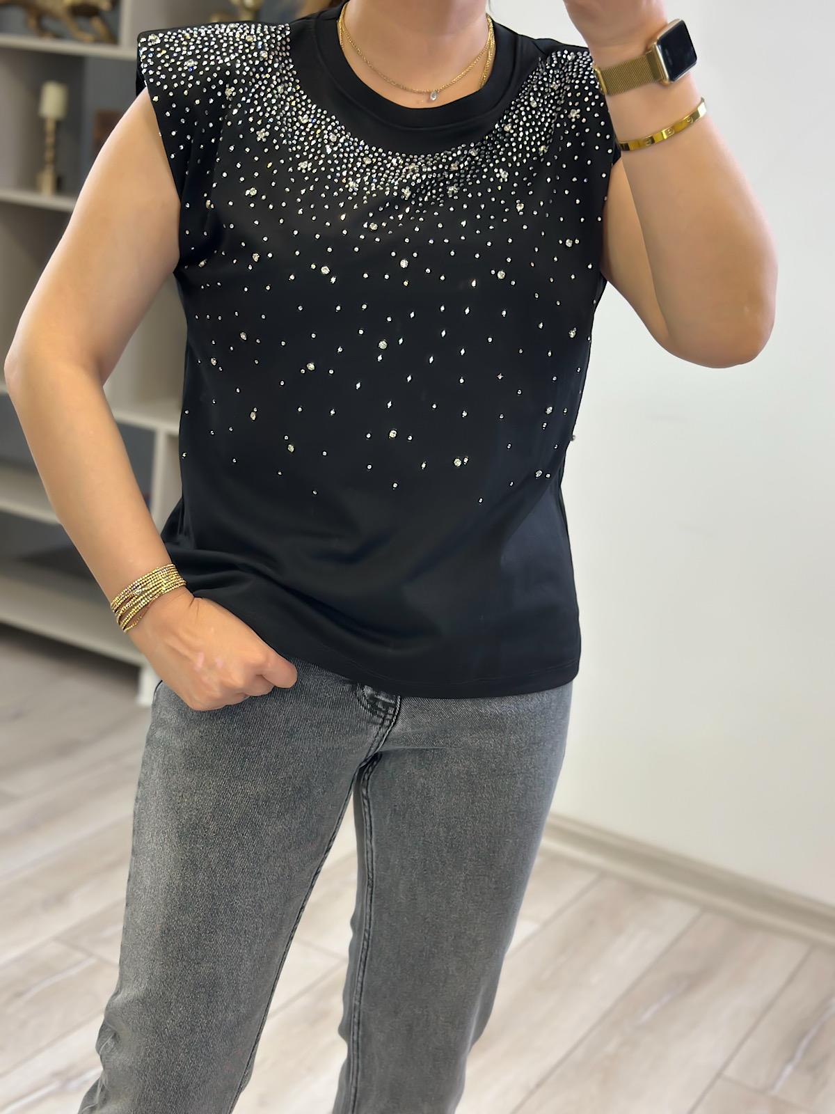 Vatkalı Serpme Taş Detaylı Tshirt SİYAH
