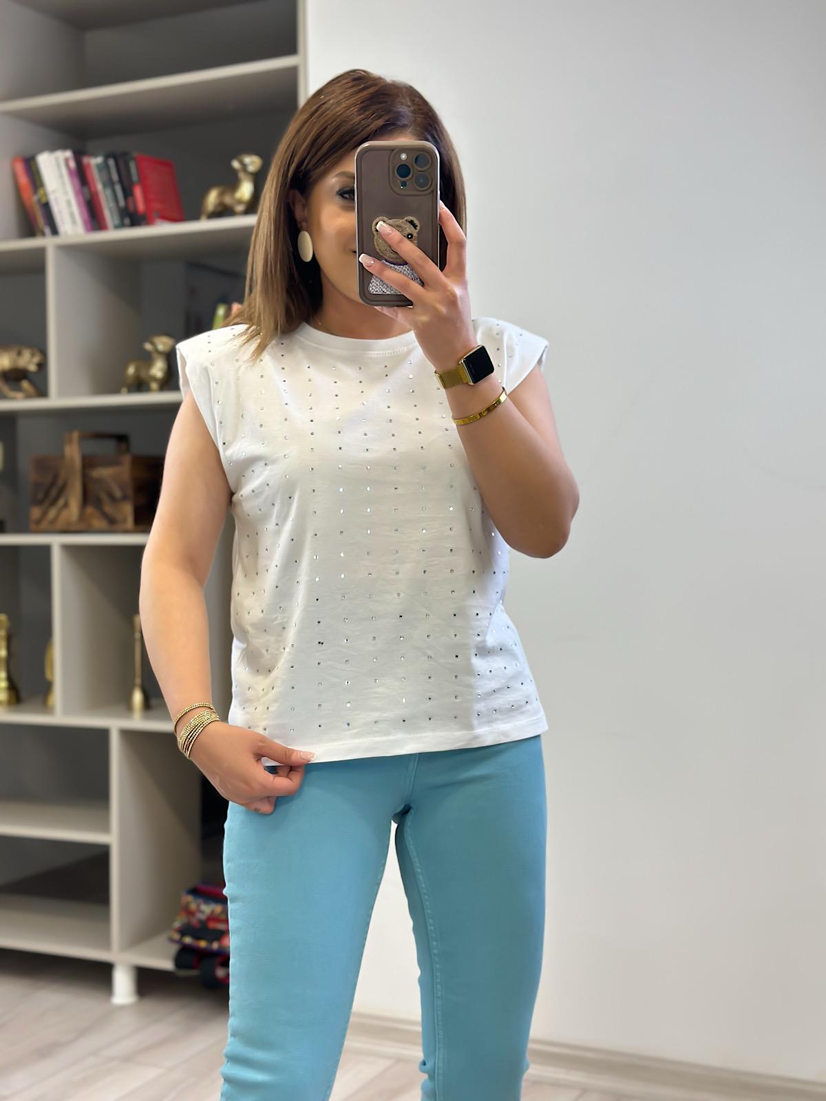 Vatkalı Taşlı Tshirt BEYAZ