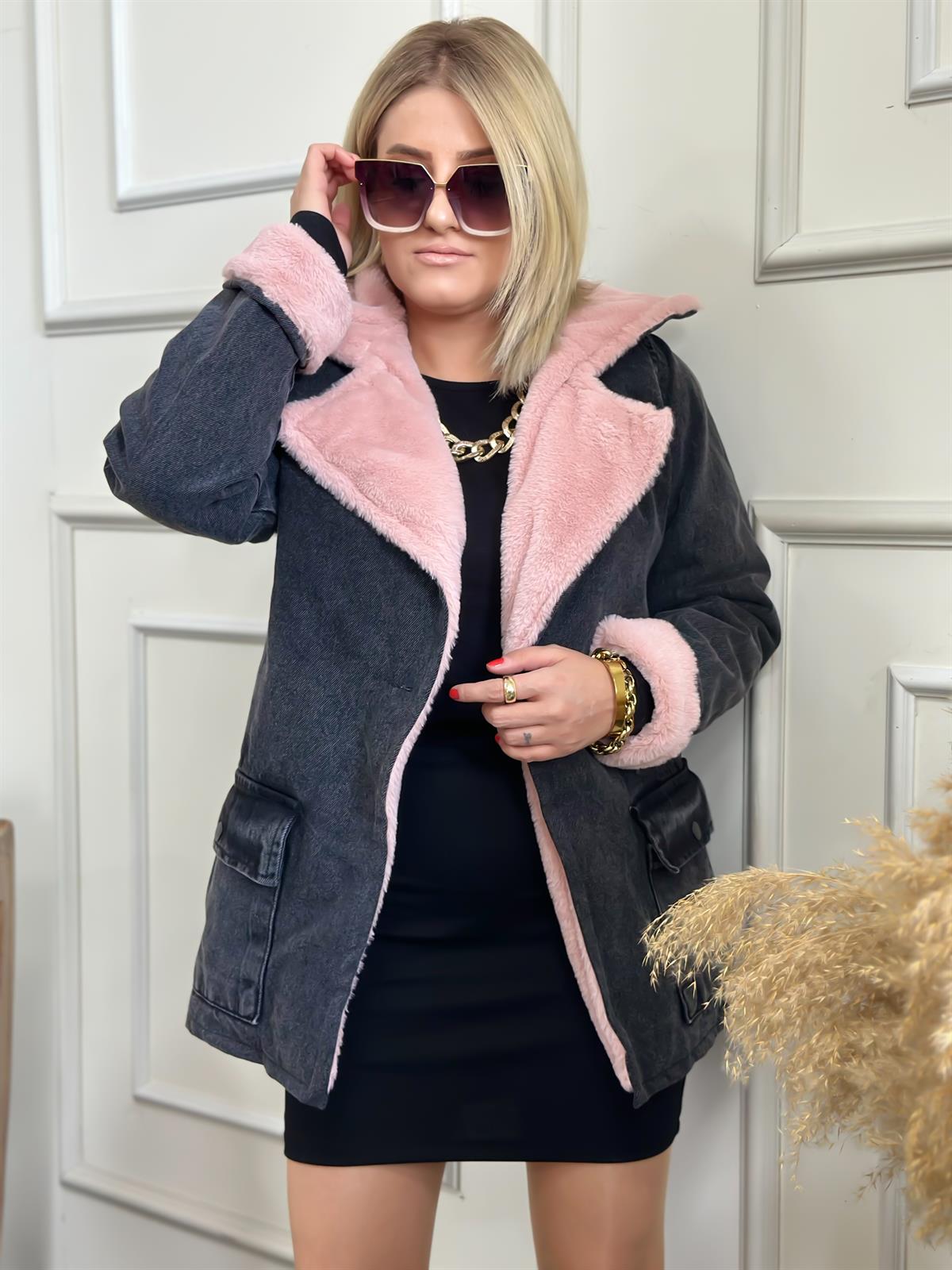 Versoft Düğme Detaylı Kürklü Kot Mont PEMBE