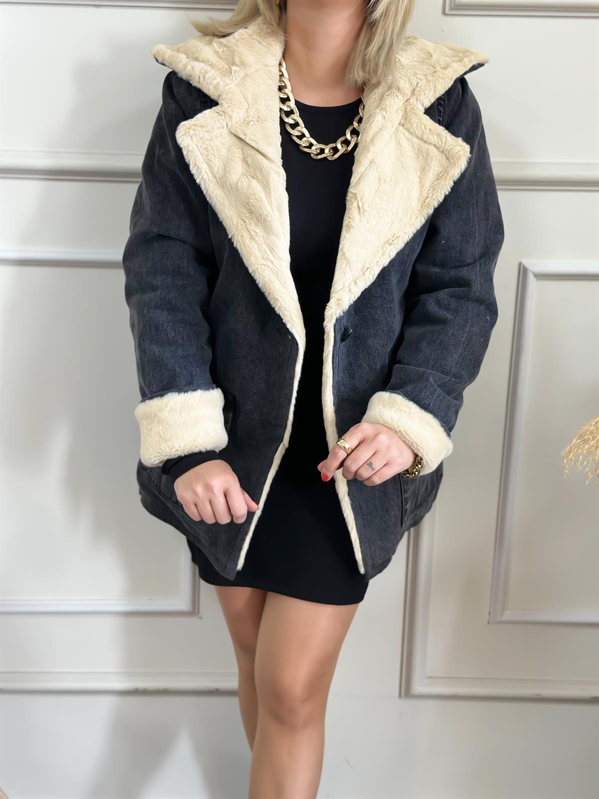 Versoft Düğme Detaylı Kürklü Kot Mont VİZON