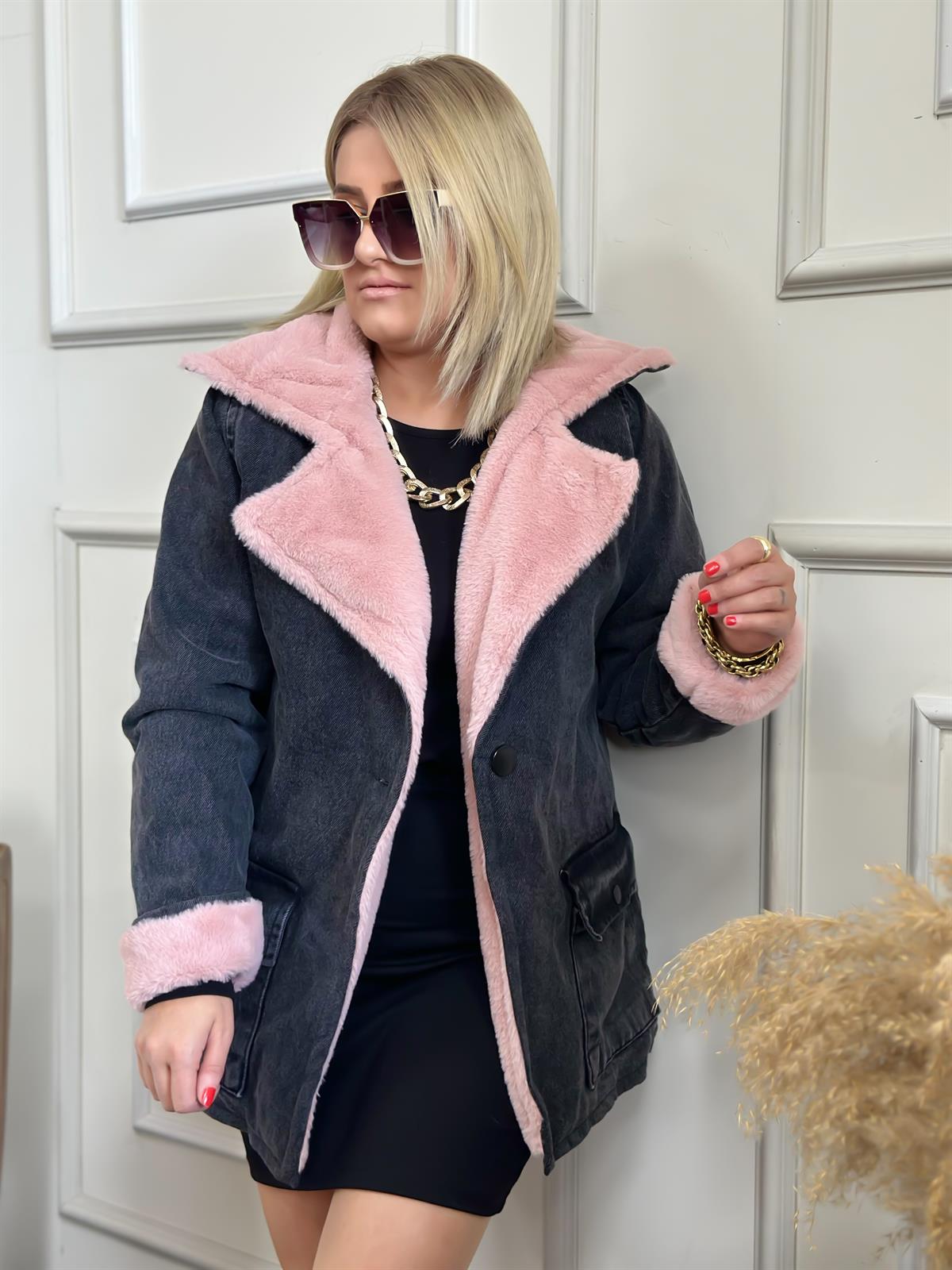 Versoft Düğme Detaylı Kürklü Kot Mont PEMBE