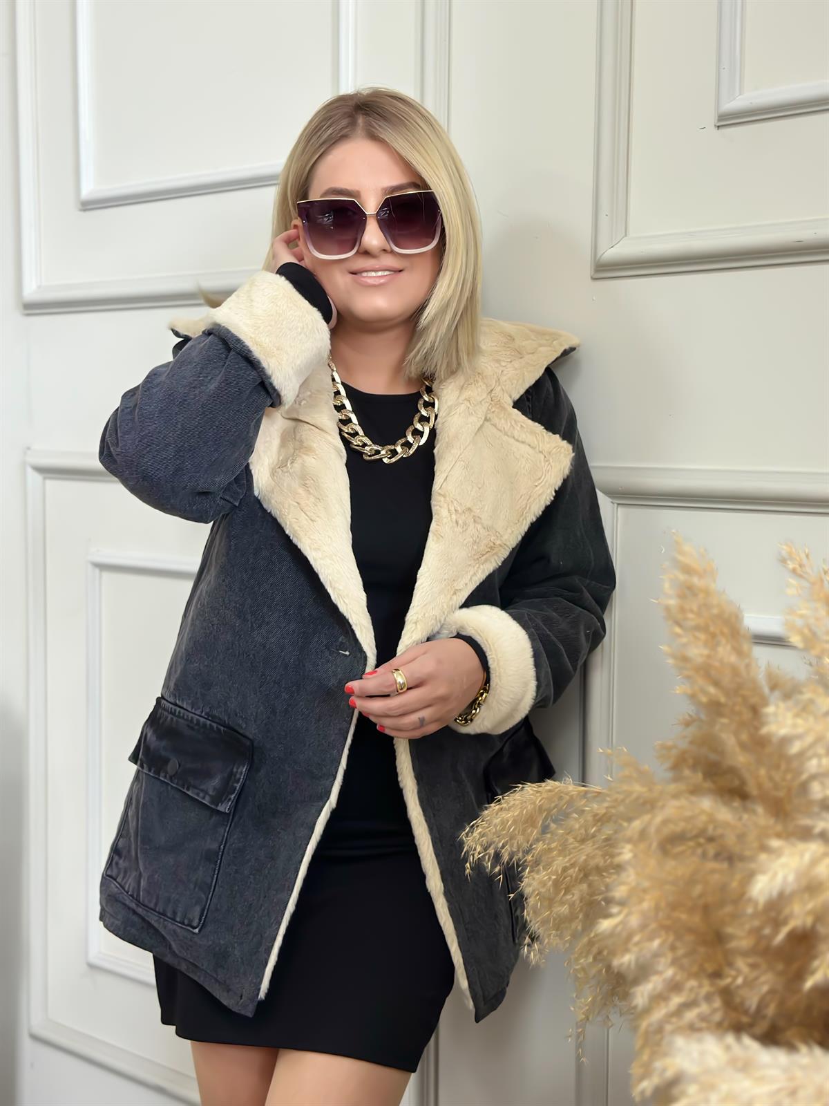 Versoft Düğme Detaylı Kürklü Kot Mont VİZON