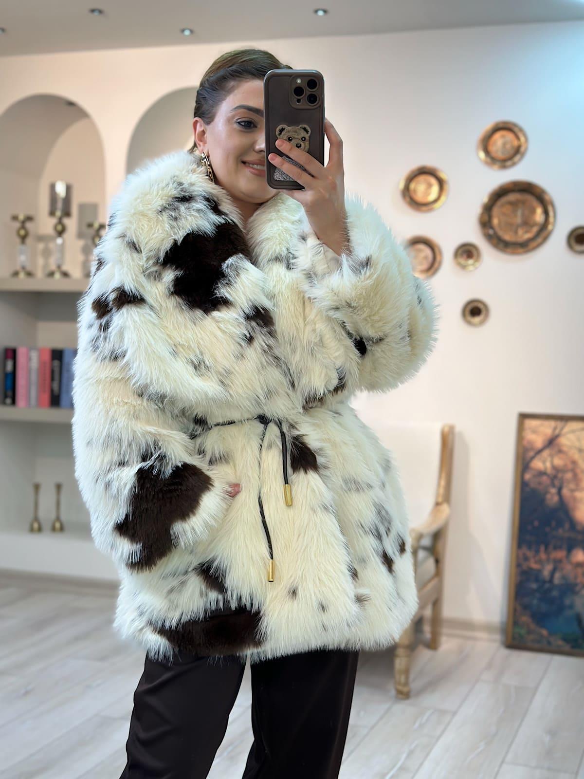 Women Yakalı Kemerli  Premium Kalite Kürk BEJ KAHVE