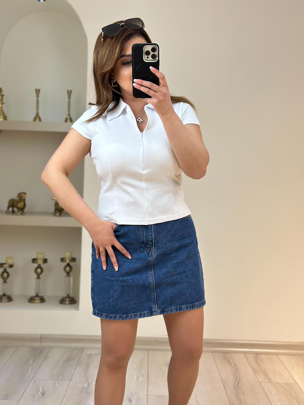 Yakalı Önden Fermuarlı Tshirt BEYAZ