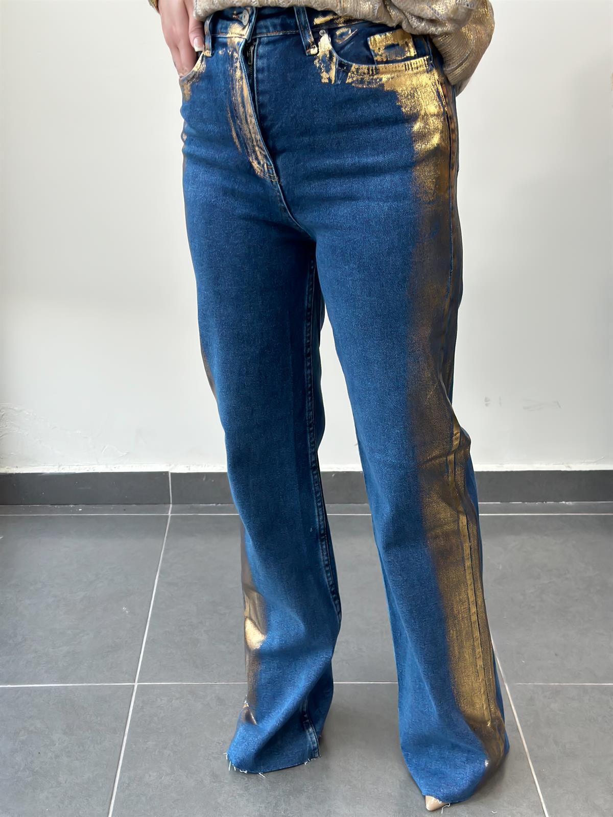 Yanları Geçişli Paça Yırtık Tasarım Palazzo Jean GOLD