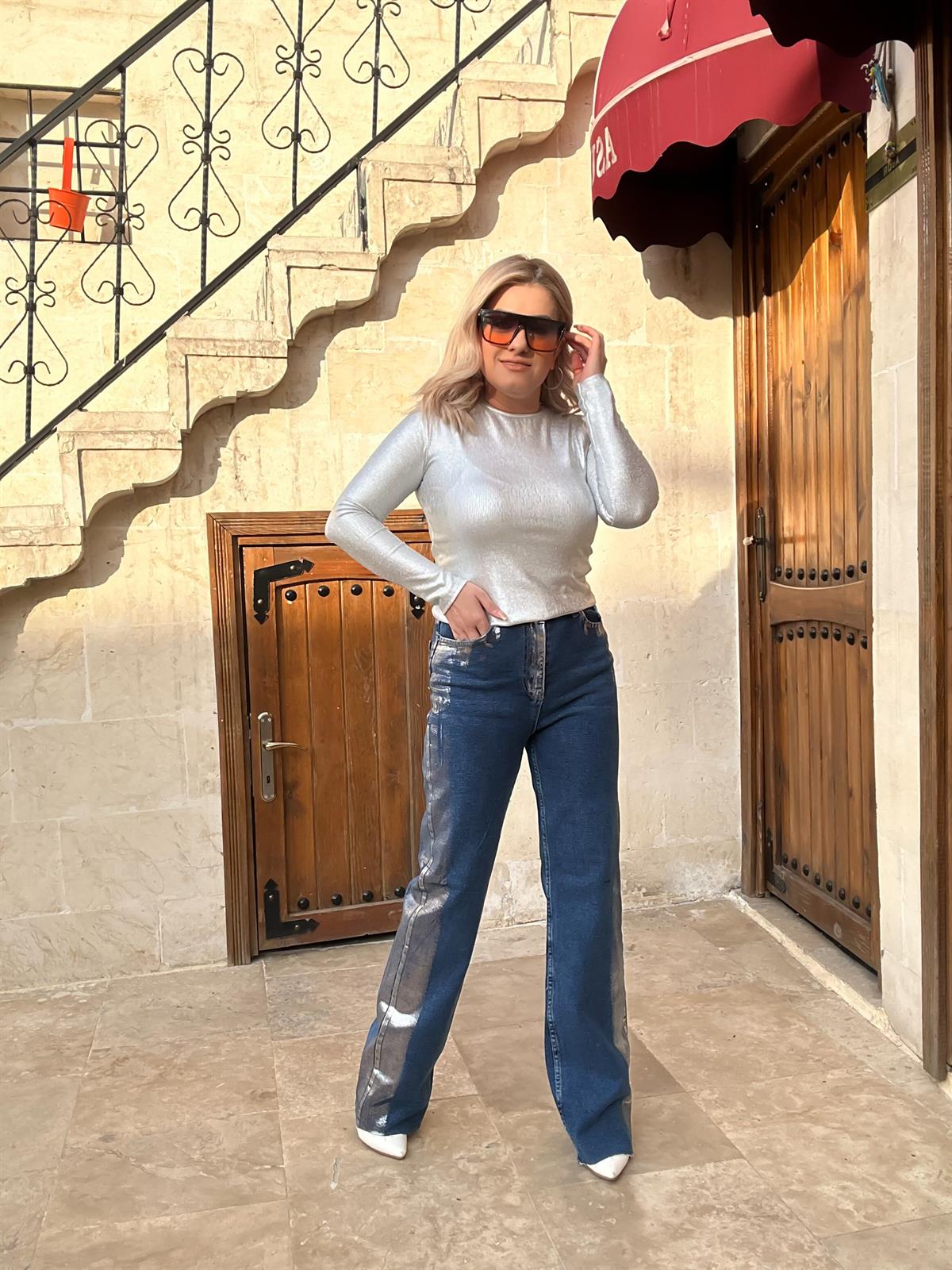 Yanları Geçişli Paça Yırtık Tasarım Palazzo Jean GÜMÜŞ