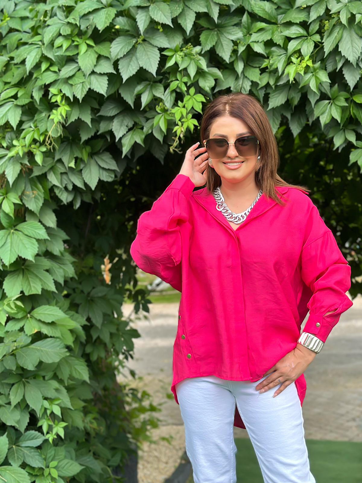 Yanları Gold Düğme Detaylı Oversize Tensel Gömlek FUŞYA