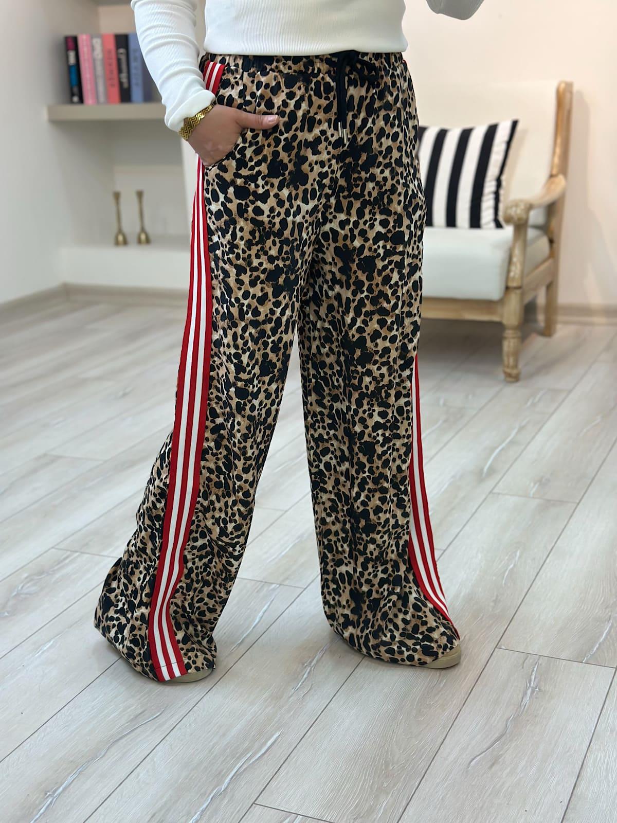 Yanları Şerit Detaylı Leopar Pantolon KAHVE