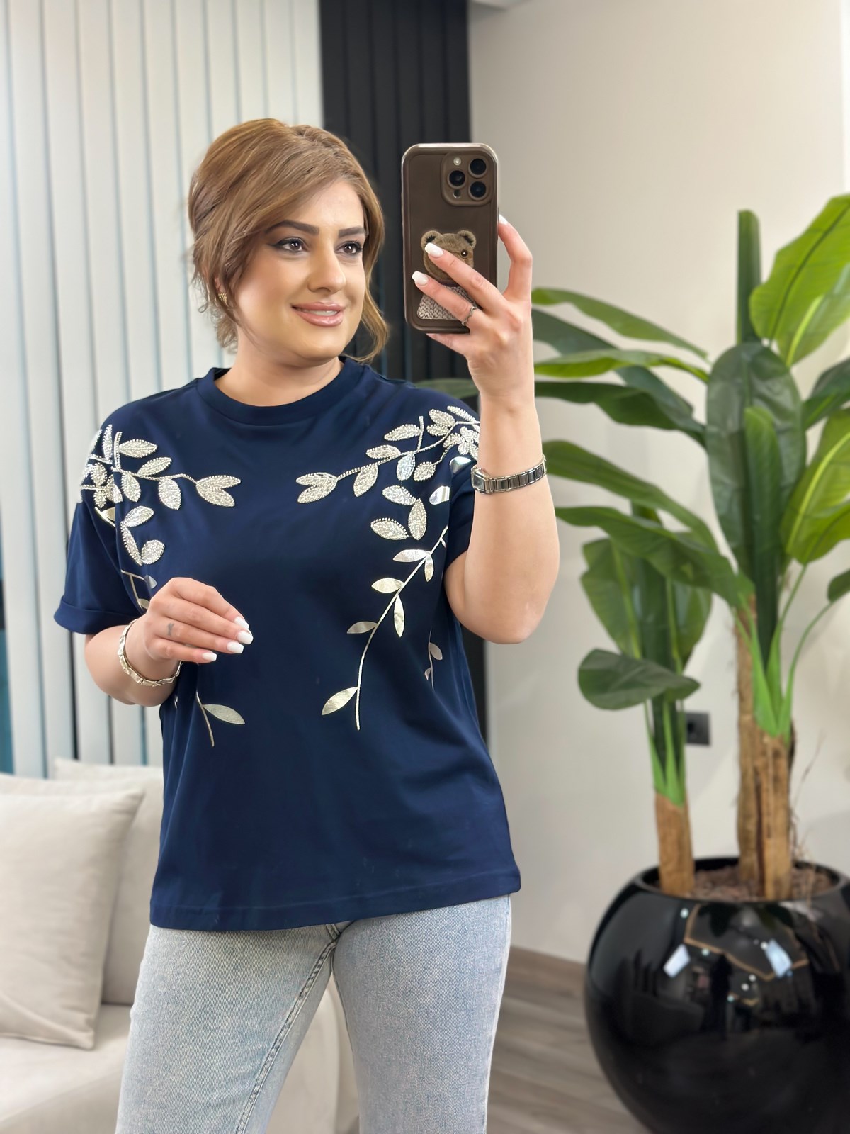 Yaprak Varak Boncuklu Pamuk Penye Tshirt LACİVERT