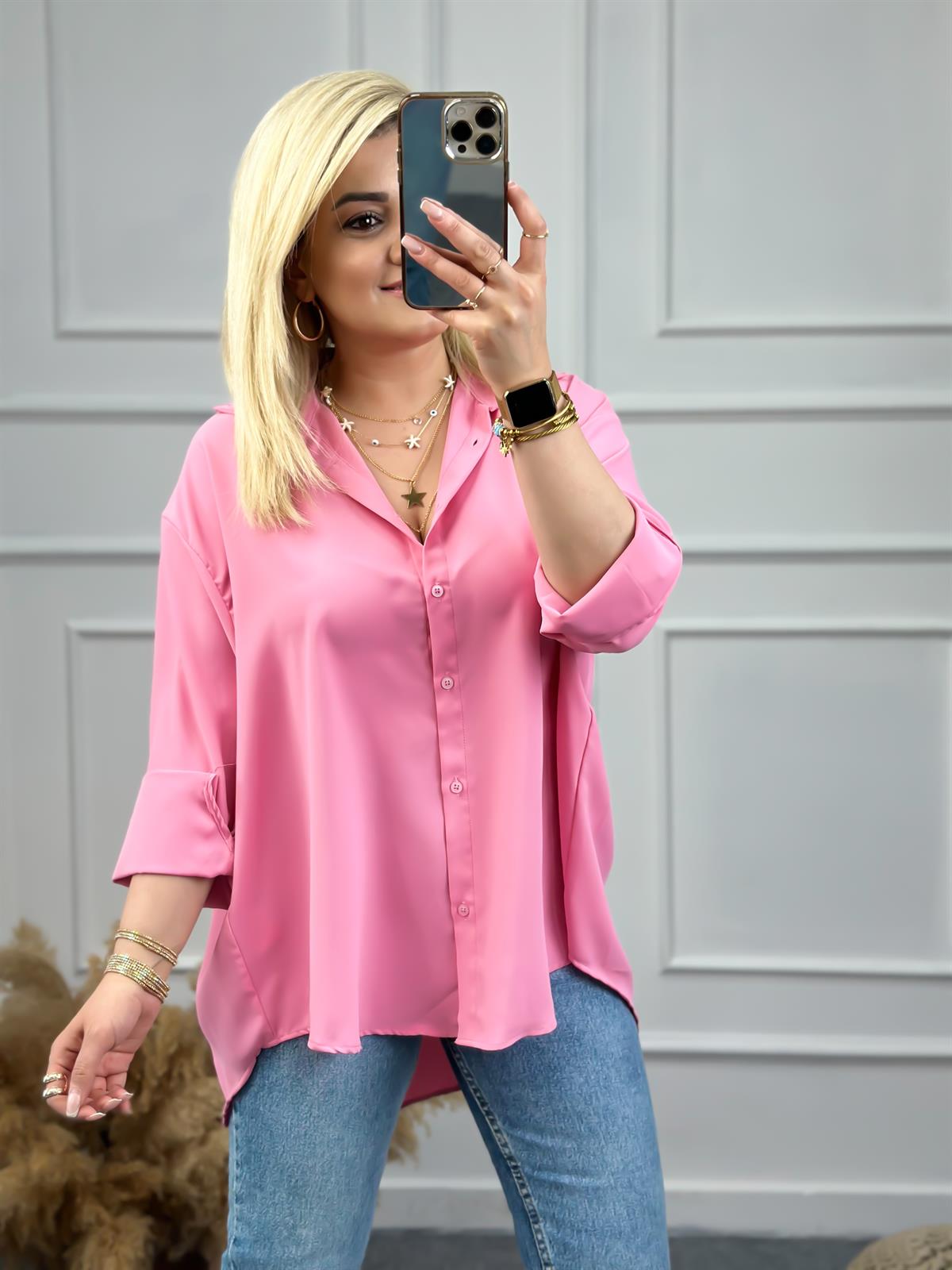 Yarasa Kol Pamuk Saten Gömlek PEMBE