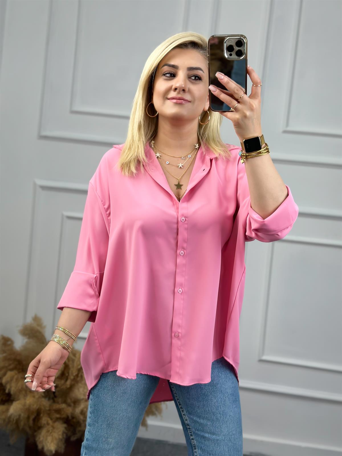 Yarasa Kol Pamuk Saten Gömlek PEMBE