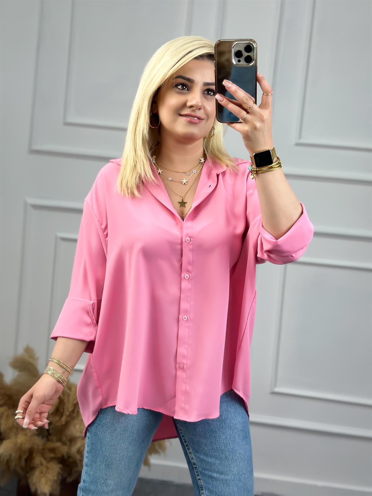 Yarasa Kol Pamuk Saten Gömlek PEMBE