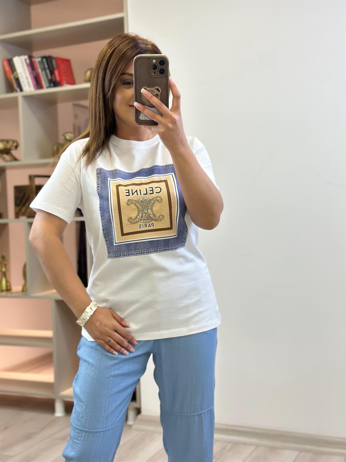 Yazı Baskılı Kot Detaylı Tshirt BEYAZ
