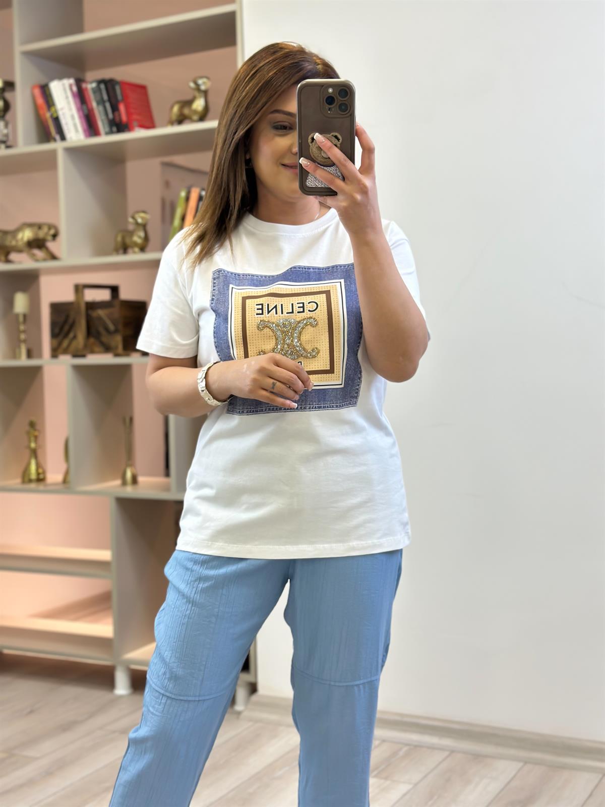 Yazı Baskılı Kot Detaylı Tshirt BEYAZ
