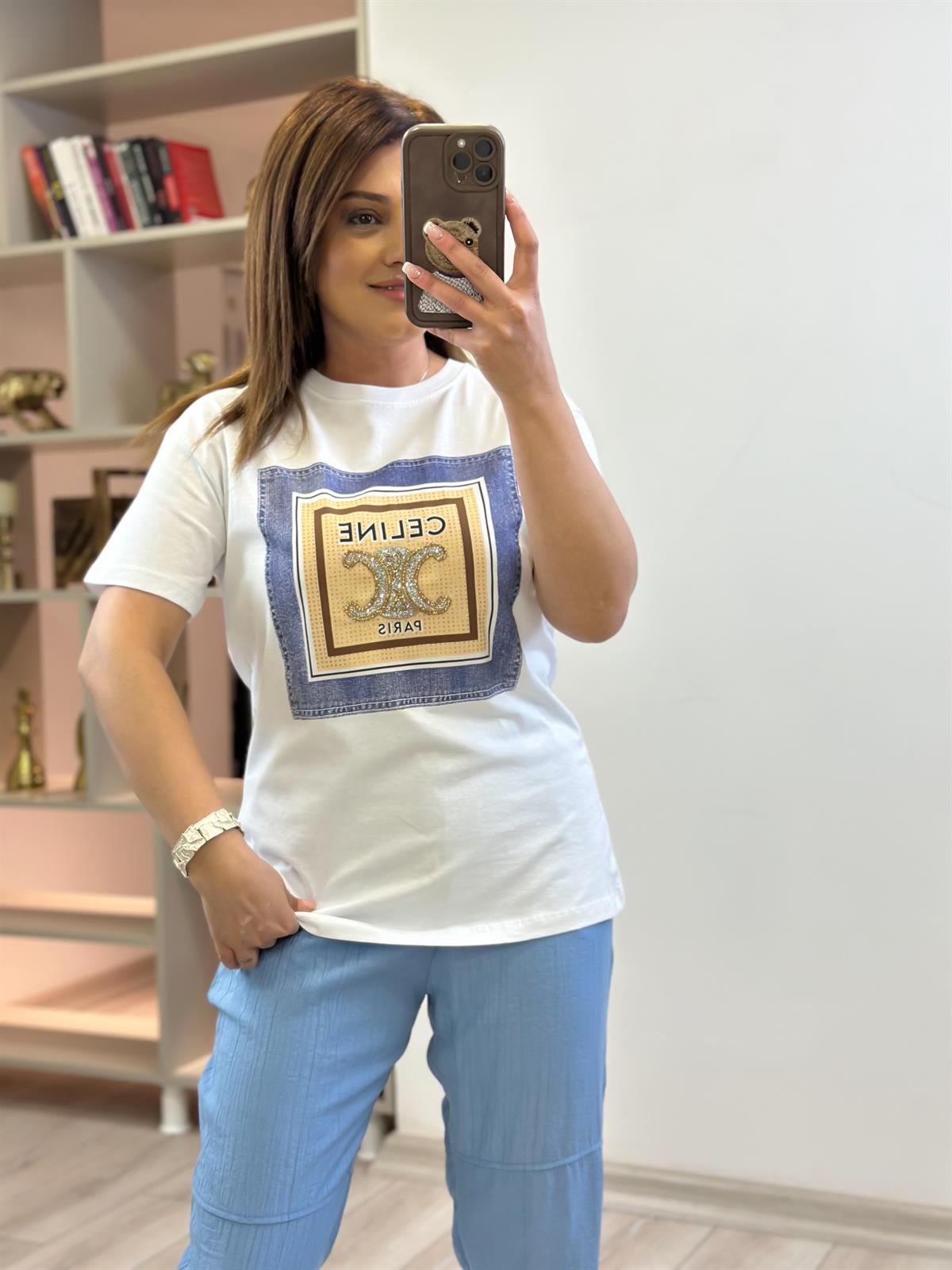 Yazı Baskılı Kot Detaylı Tshirt BEYAZ